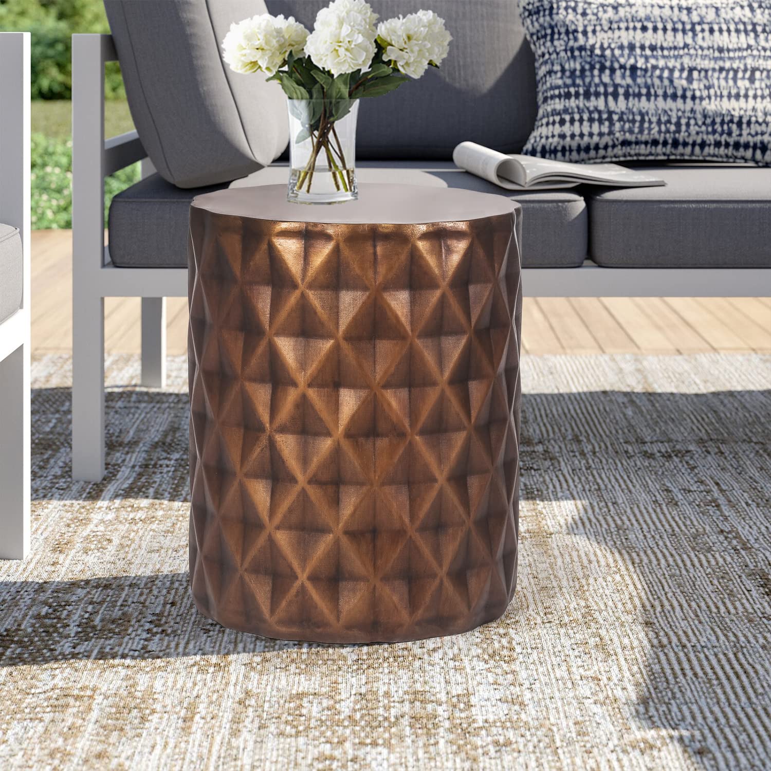 Adeco Modern 18.5’’H Round Side Table - Indoor Outdoor Concrete End Table, Decorative Accent Table & Garden Stool - Coffee Table for Patio, Living Room, Bedroom (Red Copper) - Perfect for Small Spaces, Outdoor Entertaining & Home Decor