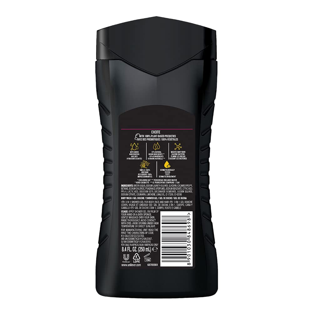 Axe Excite 3-in-1 Body, Face & Hair Wash for Men - Long-Lasting Crisp Coconut & Black Pepper Scent (12 Hours) - Natural Ingredients, Odor & Bacteria Protection, Paraben-Free, 250ml - Perfect for Gym, Travel & Daily Shower Routine