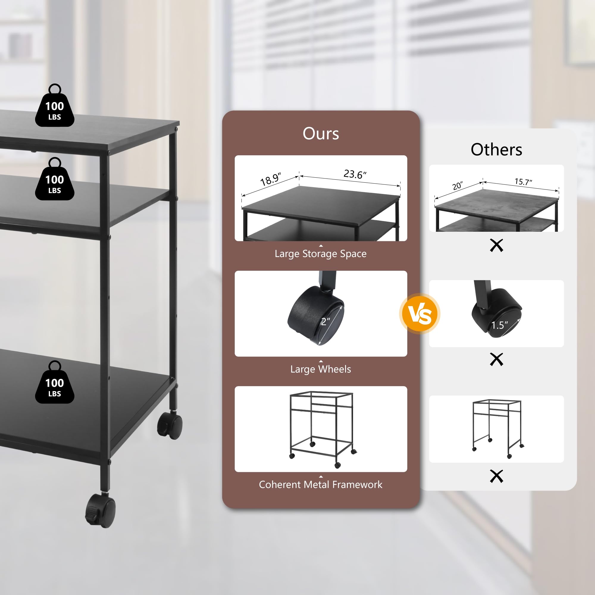 EMERIT Heavy Duty 3-Tier Adjustable Printer Stand Cart with Lockable Wheels - 23.6x18.9x31.5 Inches for Laser/Inkjet/All-in-One Printers, Scanners, Fax Machines & Office Supplies - Perfect for Home Office, Workspace & Industrial Use