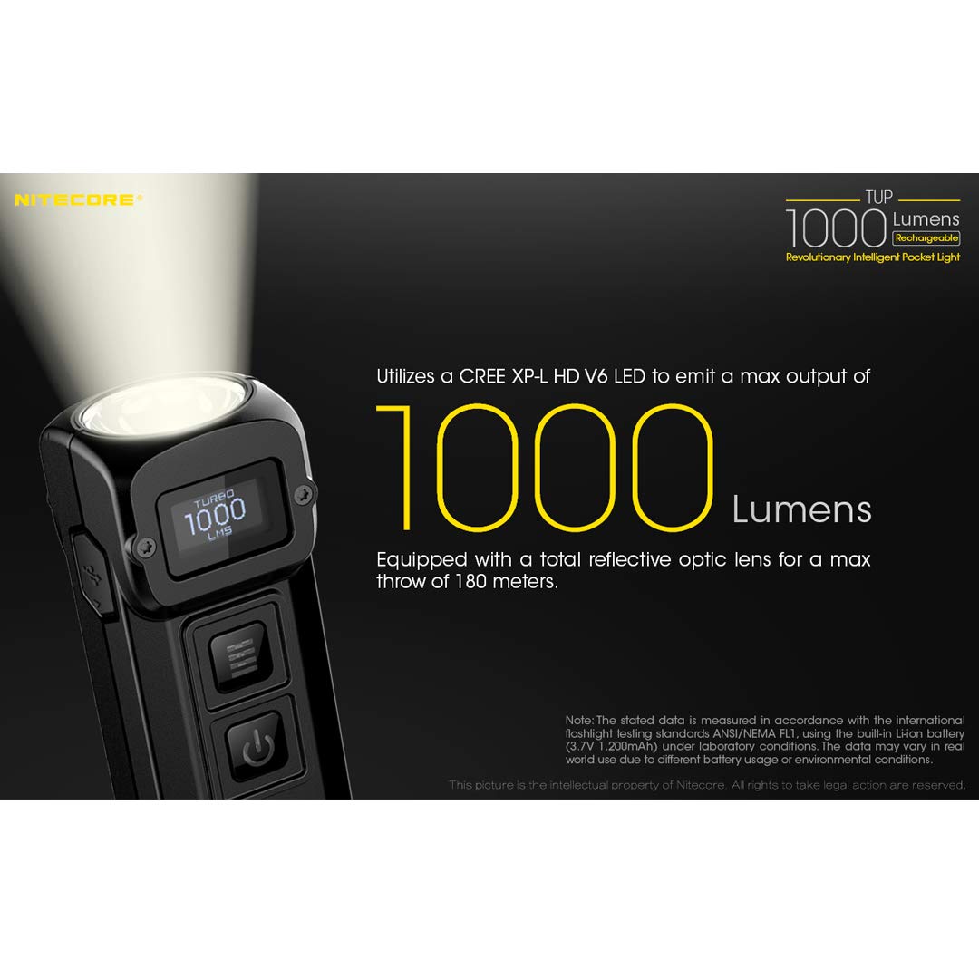Nitecore TUP 1000 Lumen USB Rechargeable EDC Flashlight with Digital Display - Compact Tactical Flashlight for Camping, Hiking, Emergency & Everyday Carry (Includes LumenTac Charging Cable, Black)