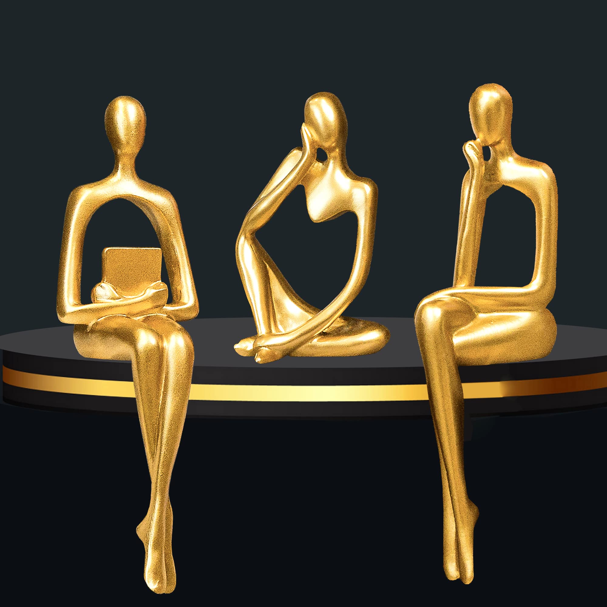Gold Home Decor Large Thinker Statue Set of 3 - Modern Abstract Resin Sculptures for Office, Shelf, Table & Desk - Perfect for Living Room, Bedroom & Workspace Decor