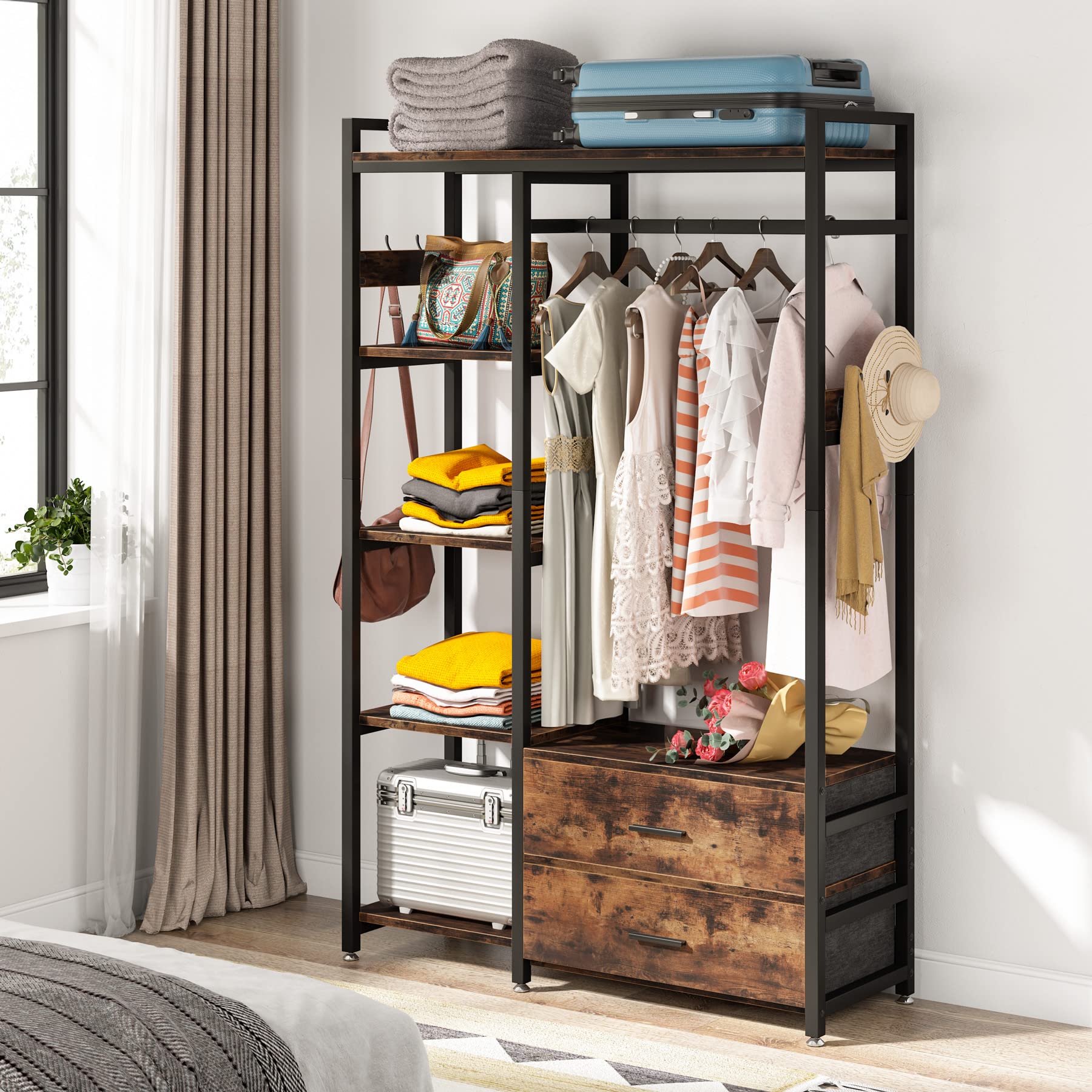 Tribesigns Freestanding Closet Organizer - Heavy Duty Garment Rack with Drawers & Shelves, Rustic Brown Wardrobe Storage for Bedroom, Living Room & Dorm - Perfect for Hanging Clothes, Organizing Accessories & Maximizing Small Spaces