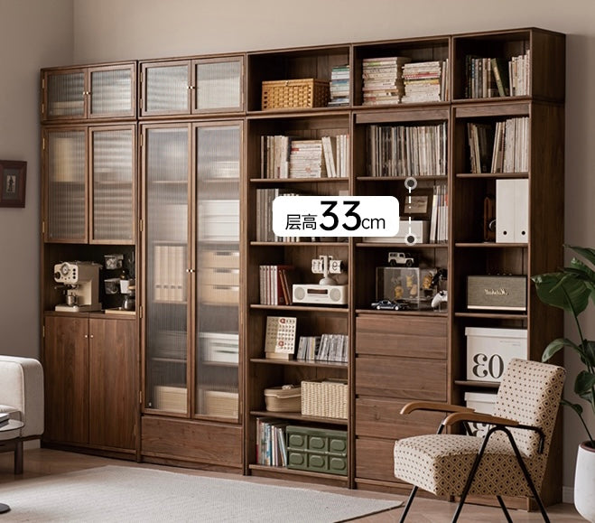 Solid Black Walnut Wood Bookcase with Glass Doors - Stylish Display & Storage Cabinet for Living Room, Office, or Library