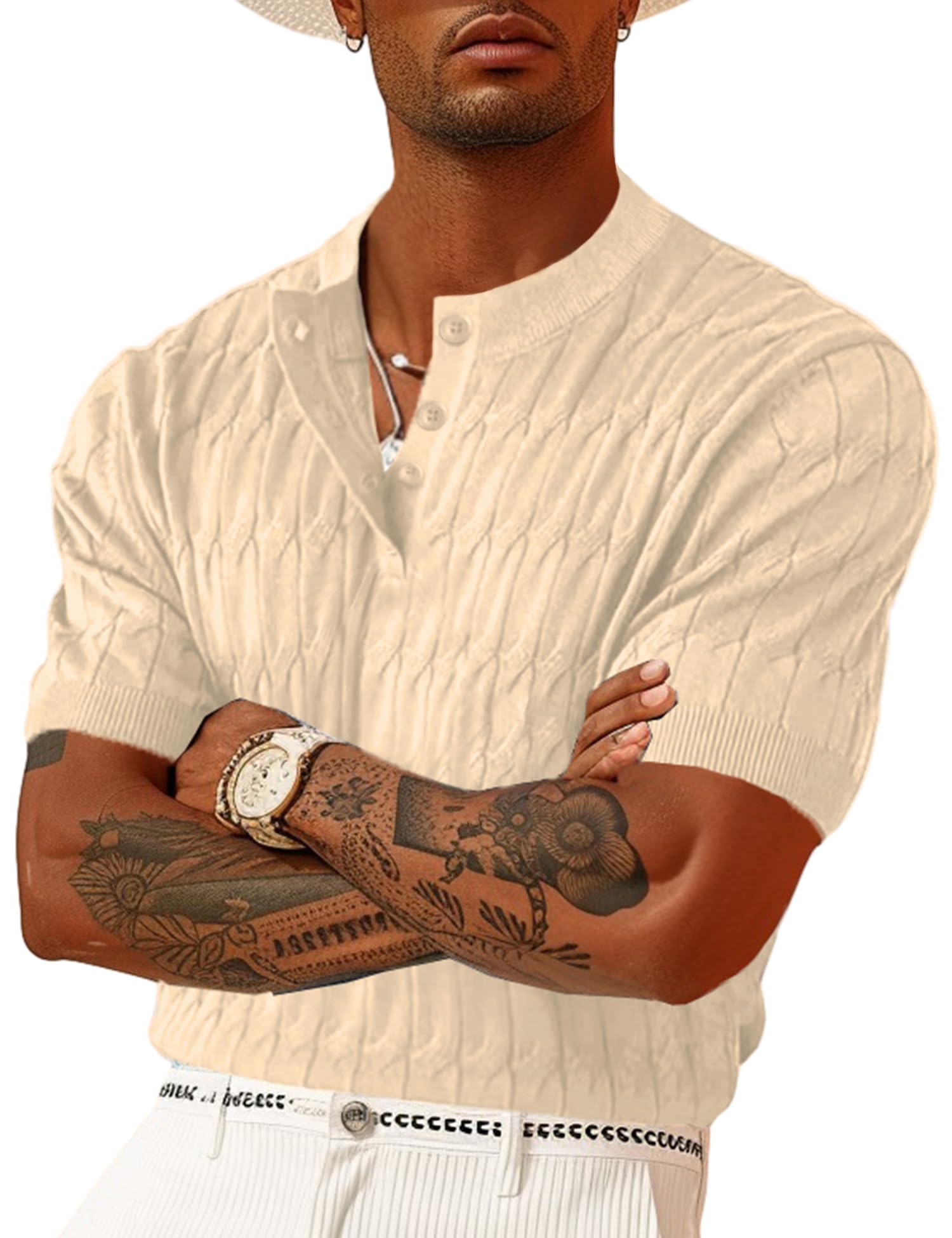 Men's Knit Polo Shirts - Short Sleeve Textured Henley Shirt | Breathable Knitted T-Shirt for Casual & Golf Wear | Lightweight Summer Top for Work, Travel & Outdoor Activities