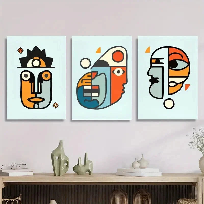3-Piece Abstract Cartoon Human Face Metal Wall Art Prints - Ready to Hang Modern Home Decor for Living Room, Bedroom & Office