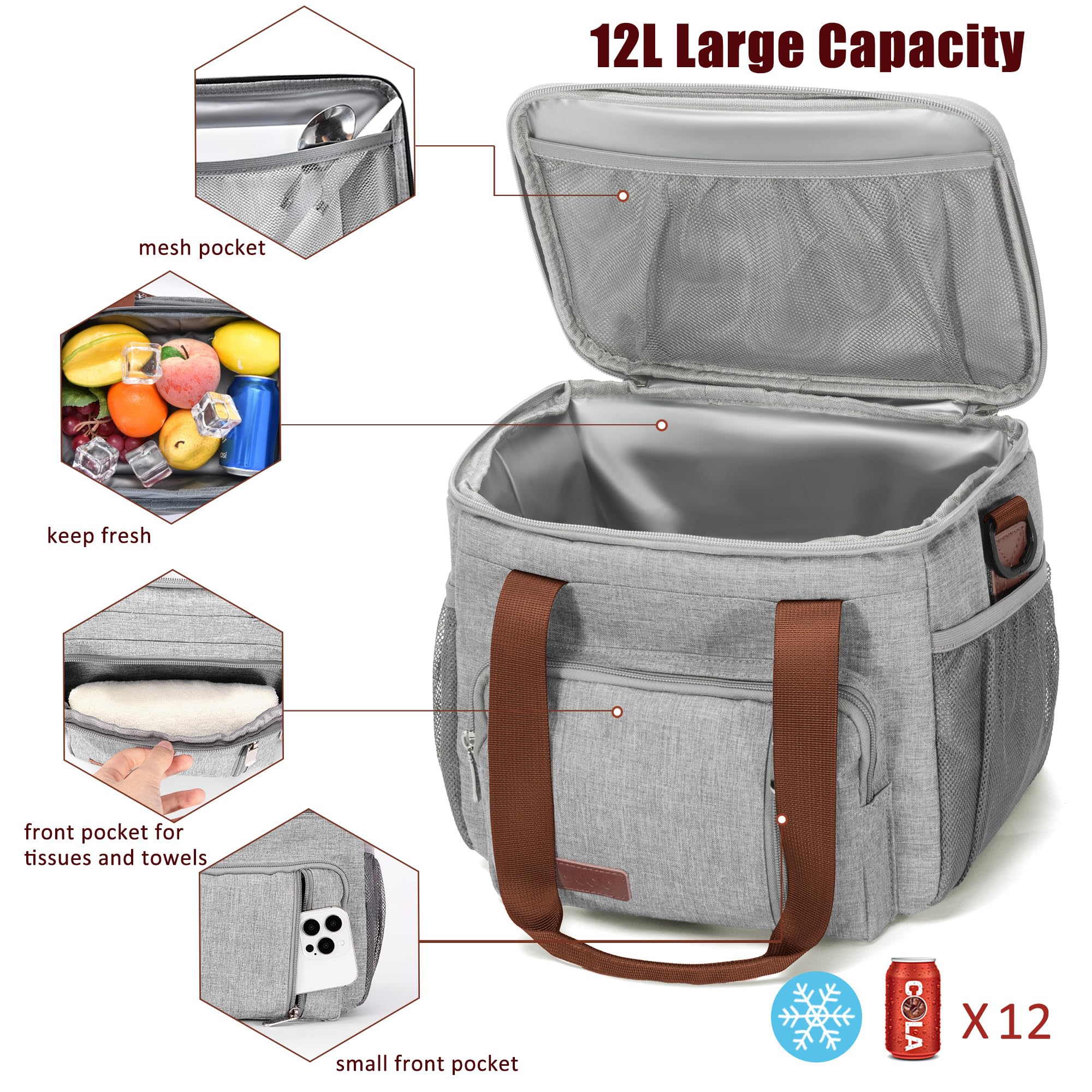 MIYCOO Insulated Lunch Bags for Women & Men - Large 12L Leakproof Soft Cooler Tote Bag (Grey) - Perfect for Work, School, Picnics & Outdoor Activities