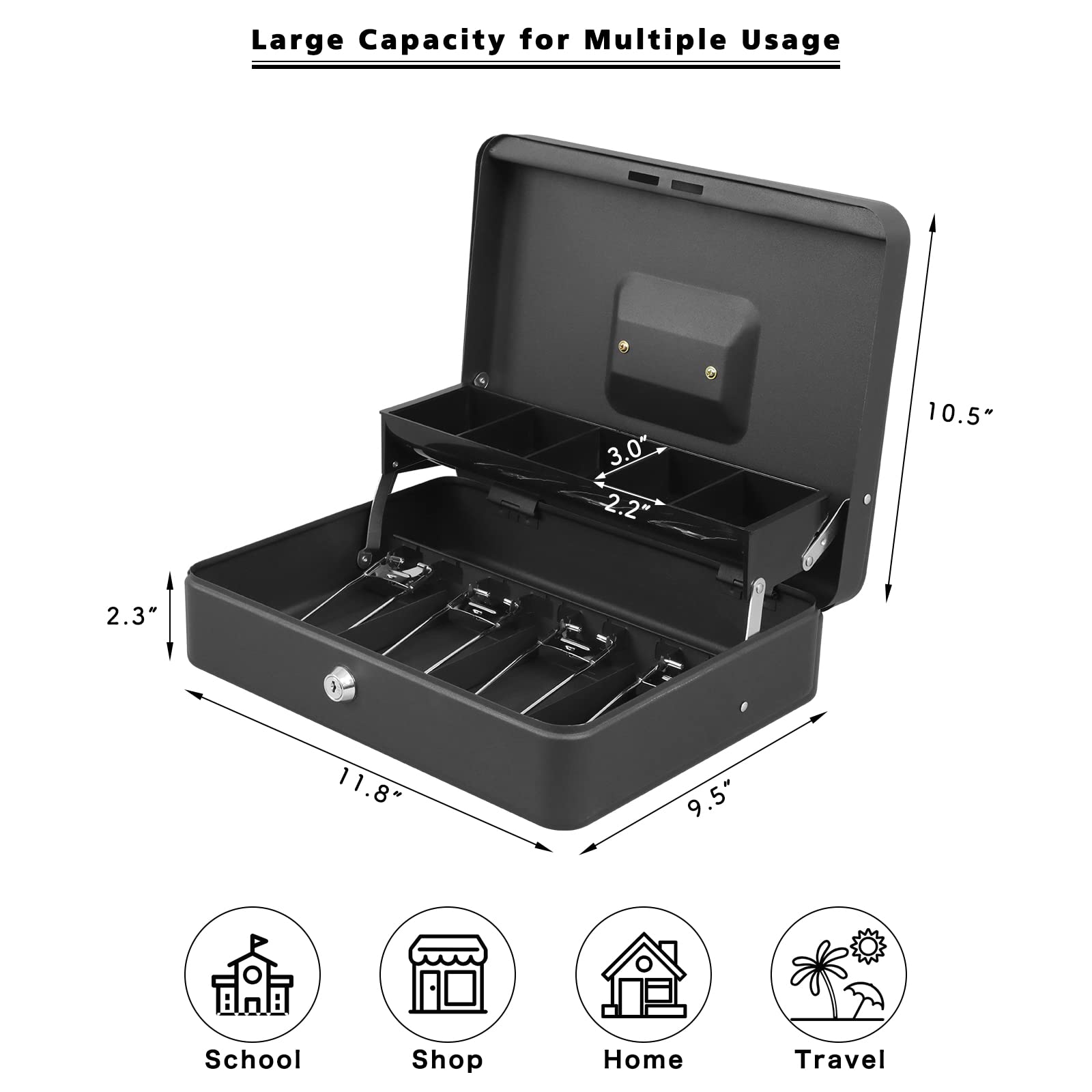 XYDLED Black Sand Grain Cash Box with Key Lock - Money Lock Box with 4 Bill & 5 Coin Slots, Tiered Cash Tray - 11.8