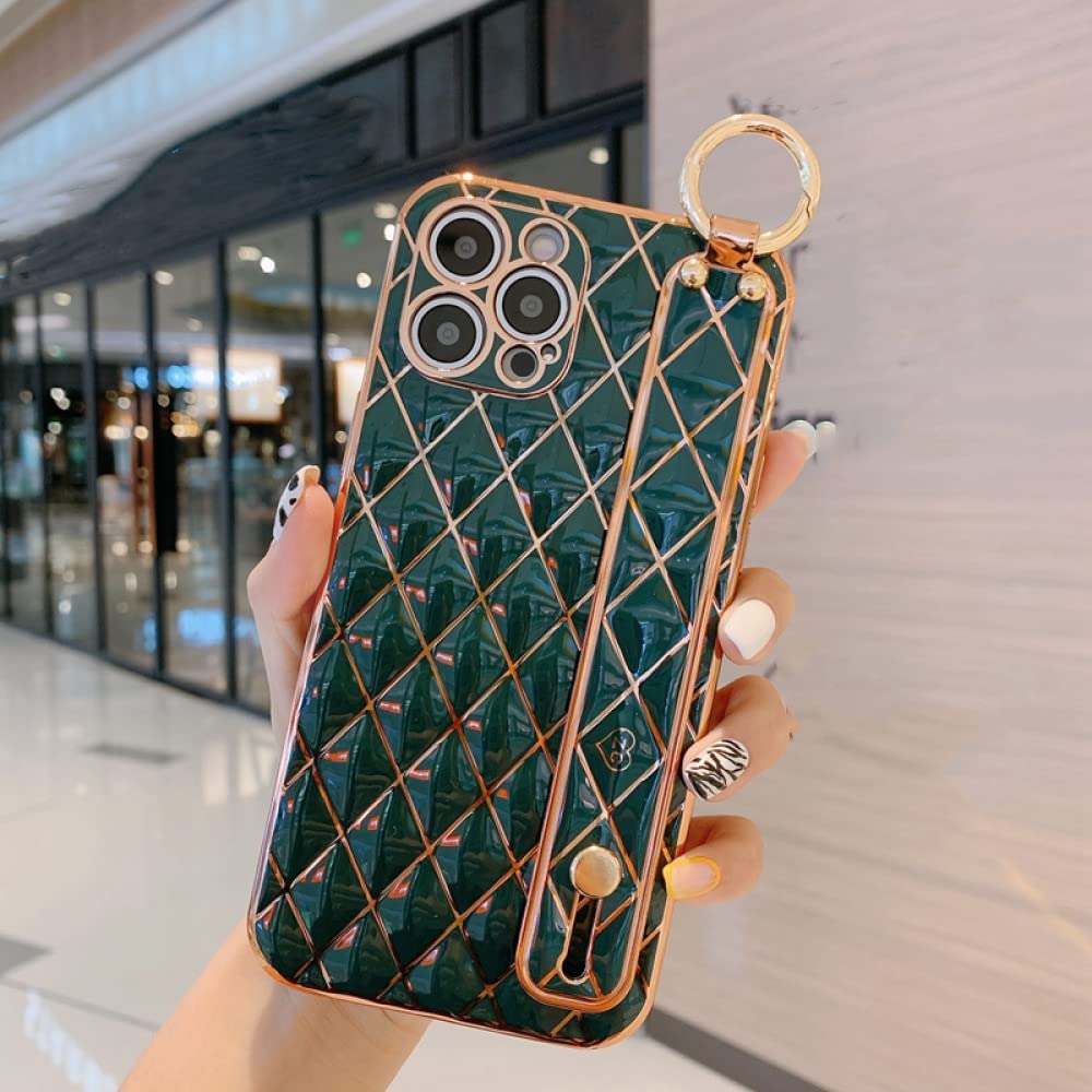 Shockproof Electroplated Wrist Strap Phone Case for iPhone 12/11/13 Pro Max/XS Max/XR/8 Plus/7/SE 2020 - Soft Protective Cover with Anti-Slip Grip (Green) - Perfect for Gym, Running & Outdoor Activities