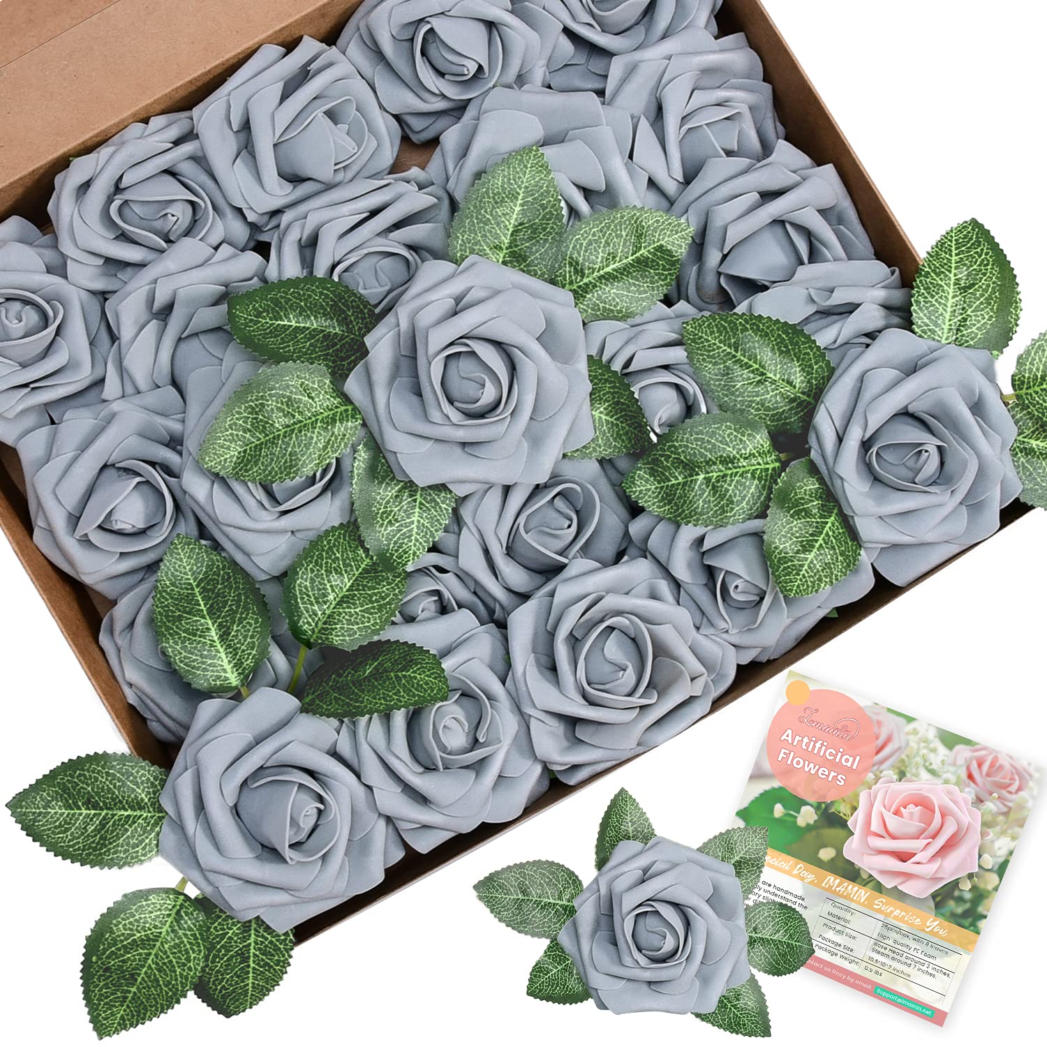 IMAMIN 25pcs Realistic Artificial Foam Roses with Stems - Fake Flowers for Wedding Bouquets, Bridal Shower, Party Centerpieces & Home Decor - Perfect for DIY Arrangements, Table Decorations and Baby Showers (Gray)