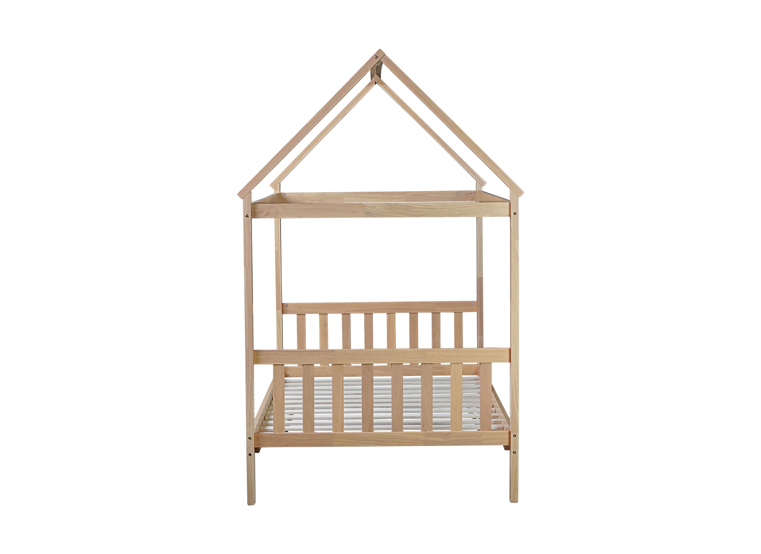 Montessori Twin Size House Bed for Kids - Solid Rubber Wood Platform Bed with Headboard, Footboard & Roof - Low Profile Bed Frame for Girls, Boys & Teens - Natural Wood Finish - Perfect for Bedrooms, Playrooms & Montessori Learning Spaces
