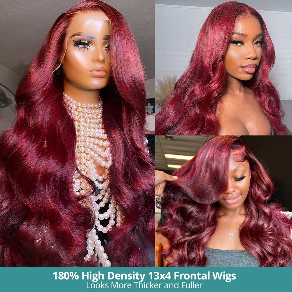 Allove 99j Burgundy 22inch Human Hair Lace Front Wig - 180% Density Pre-Plucked Body Wave with Baby Hair | 13x4 Glueless HD Transparent Frontal | Perfect for Daily Wear, Cosplay & Special Occasions