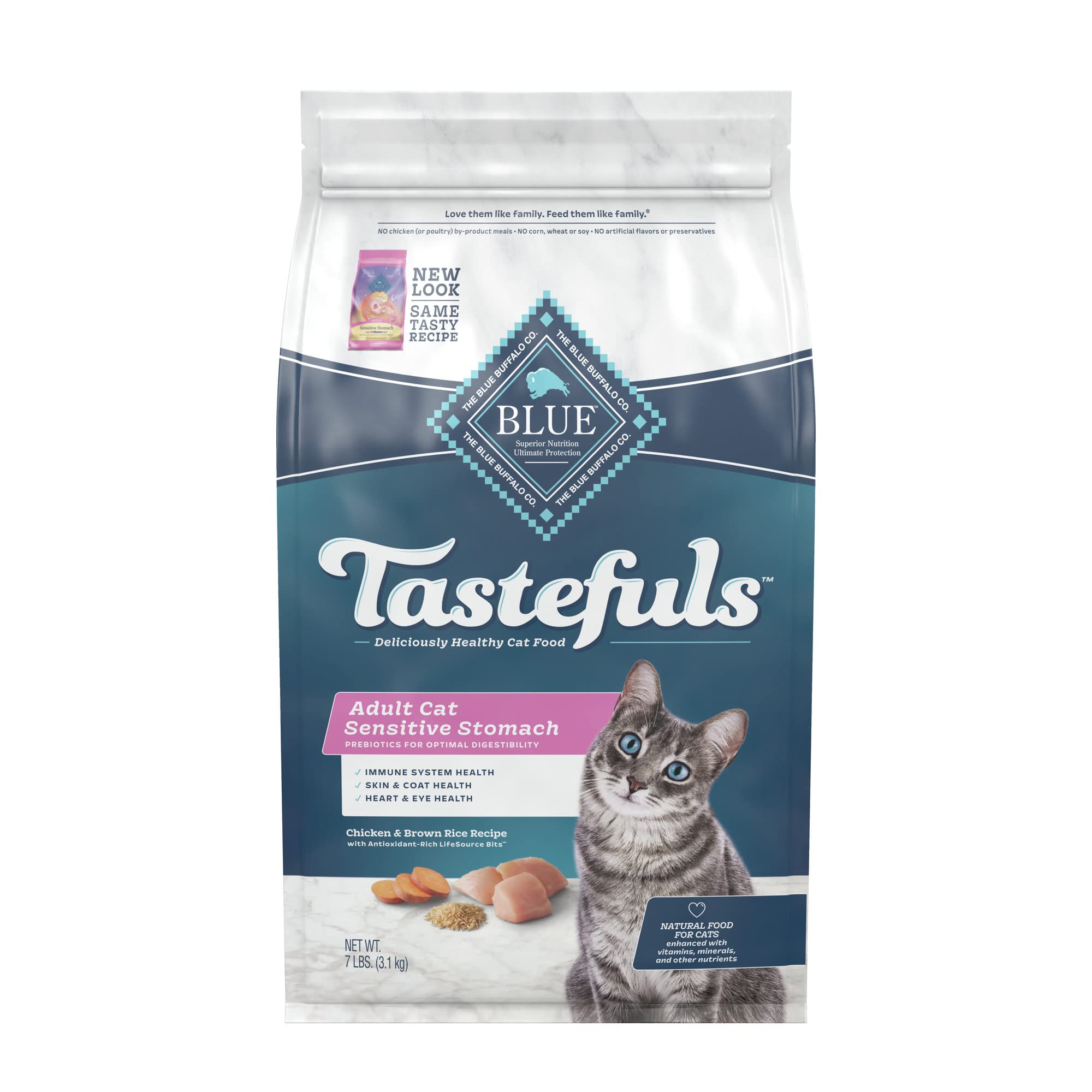 Blue Buffalo Tastefuls Sensitive Stomach Natural Adult Dry Cat Food - Chicken Recipe, 7lb Bag | Grain-Free Digestive Support for Cats with Sensitive Stomachs - Perfect for Indoor & Outdoor Cats