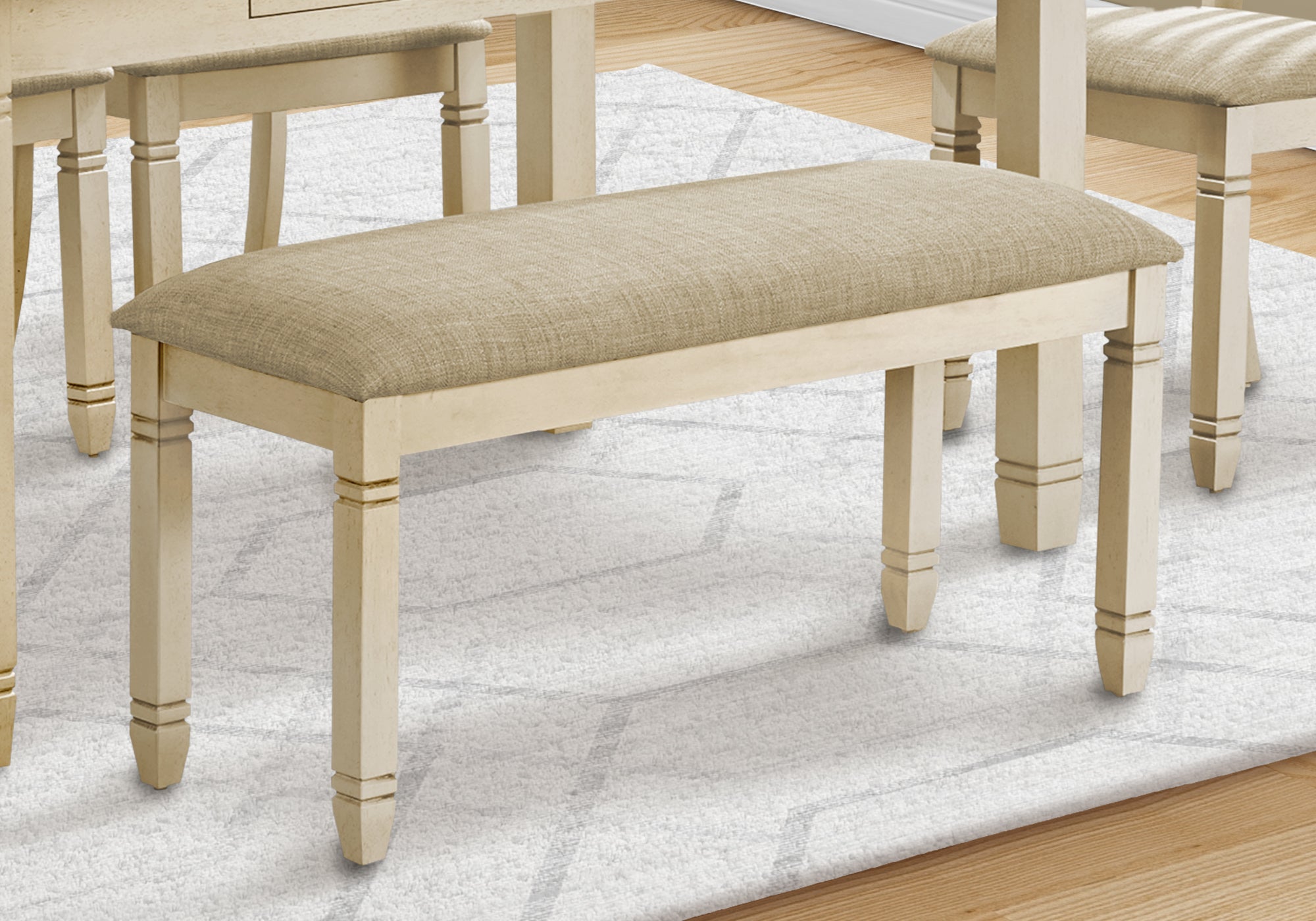Antique White Rectangular Upholstered Bench with Beige Linen Fabric - Entryway Seating, Bedroom Storage, Living Room Decor, Farmhouse Style Furniture