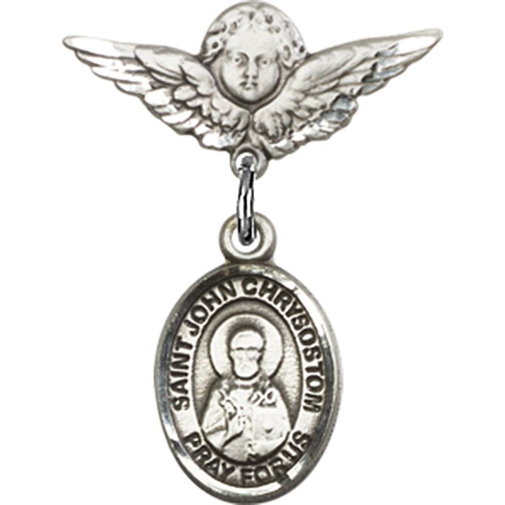 St. John Chrysostom Sterling Silver Baby Badge with Angel Wing Charm - 7/8 X 3/4 Inch Religious Pin for Christening, Baptism & First Communion Gifts