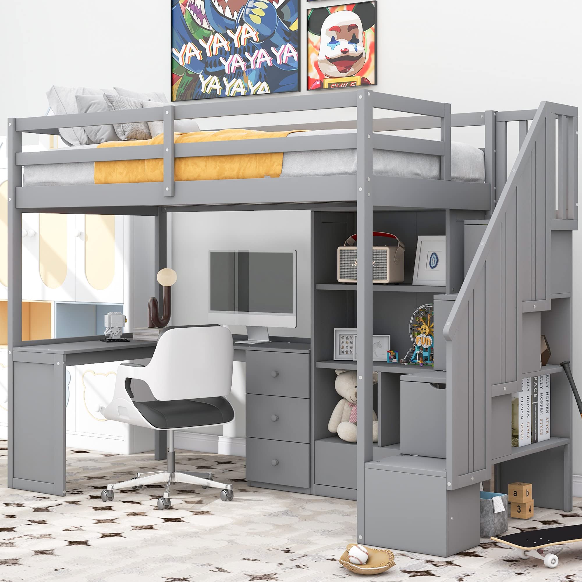 HABITRIO Twin Size Loft Bed with L-Shaped Desk, Storage Staircase & Drawers - Space Saving Study Bed with Cabinet & Shelves for Small Rooms, Grey - Perfect for Kids & Teens Bedroom, Dorm Room or Studio Apartment