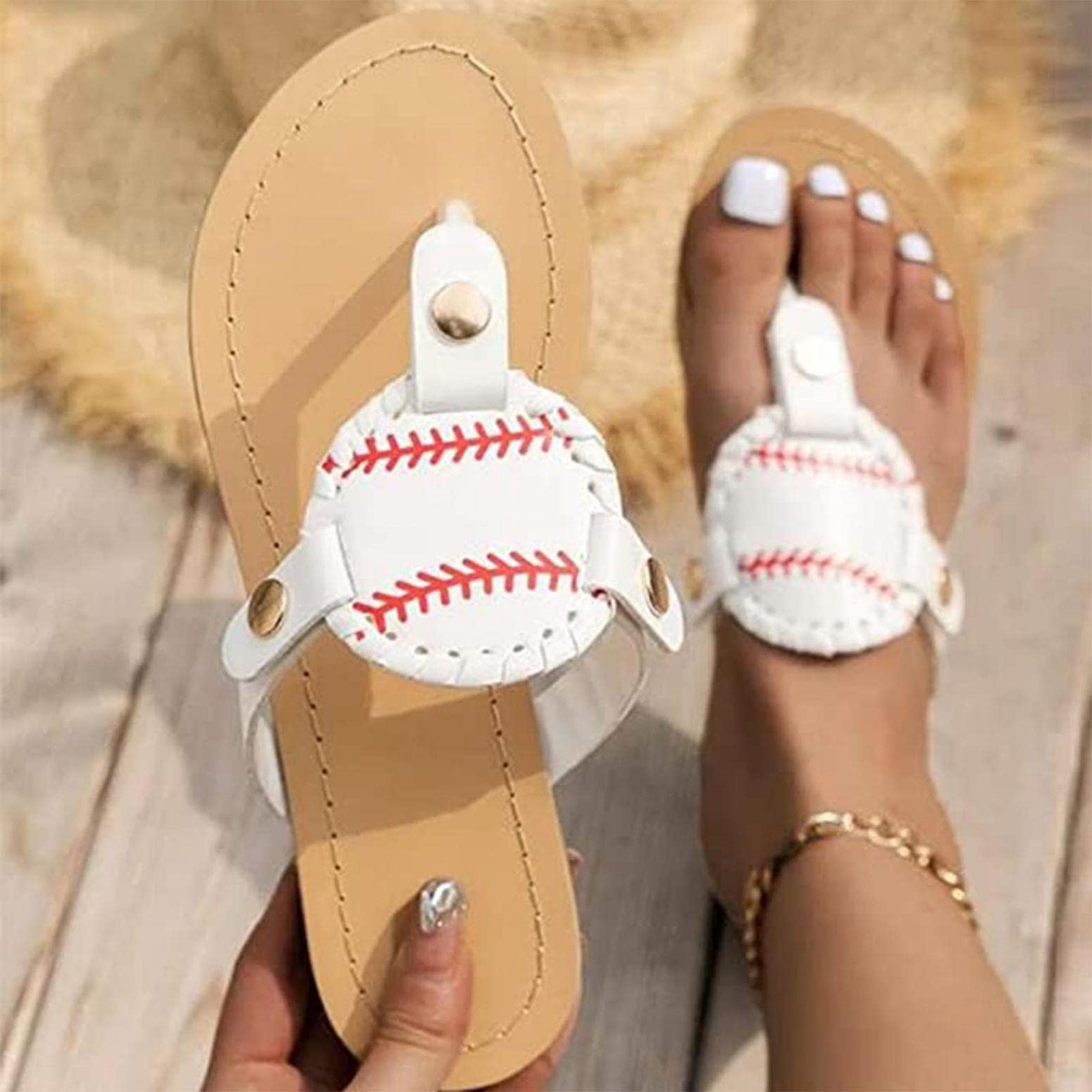 2022 New Women's Baseball Printed Flip Flops - Summer Open Toe Beach Sandals for Women - Comfortable Casual Shoes for Walking, Poolside, and Outdoor Activities (Size 8, White)