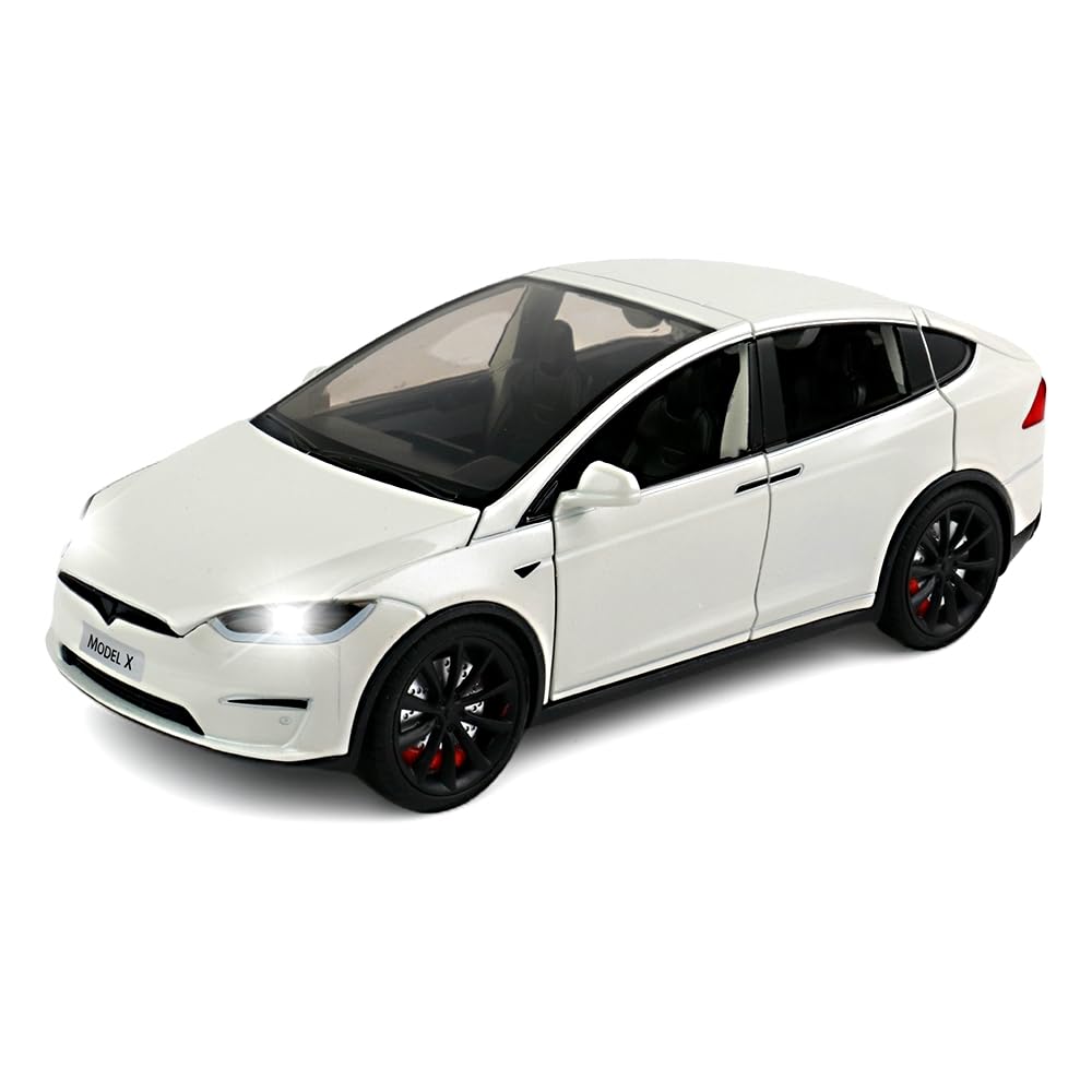 1:24 Scale Tesla Model X Alloy Diecast Toy Car with Gull Wing Doors, Pull Back Action, Lights & Music - Perfect Gift for Boys & Girls (White) - Great for Playtime, Collecting & Birthday Presents