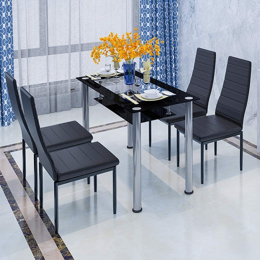 Modern Glass Top Dining Table Set with PU Leather Chairs - 2-Tier Tempered Glass Kitchen Table & Chrome Legs, Black Chairs for Dining Room - Perfect for Family Meals, Dinner Parties and Small Space Apartments