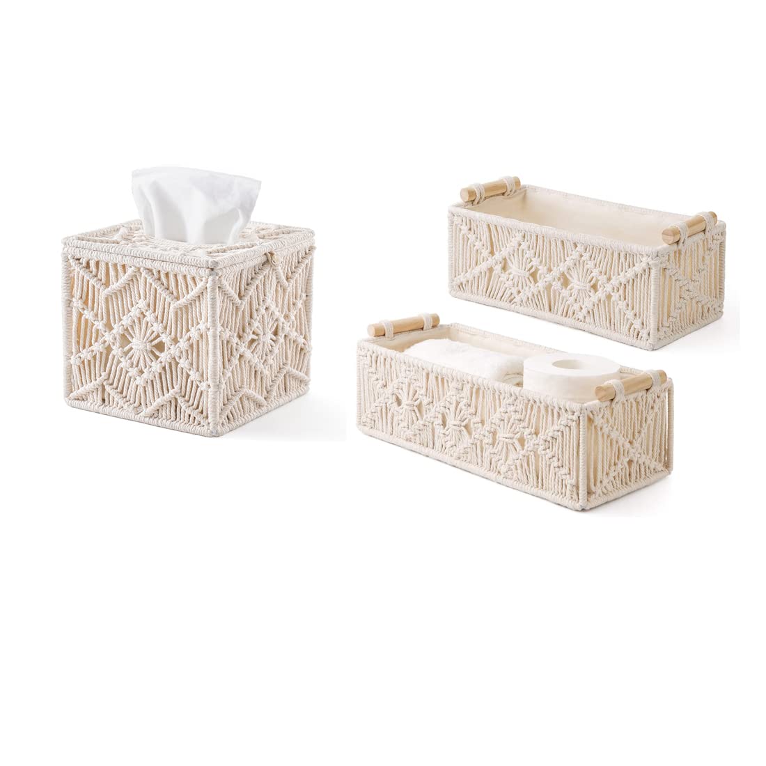 Boho Macrame Storage Basket & Tissue Box Cover - Handwoven Square Paper Holder with Beads | Home Decor, Bathroom & Bedroom Organization