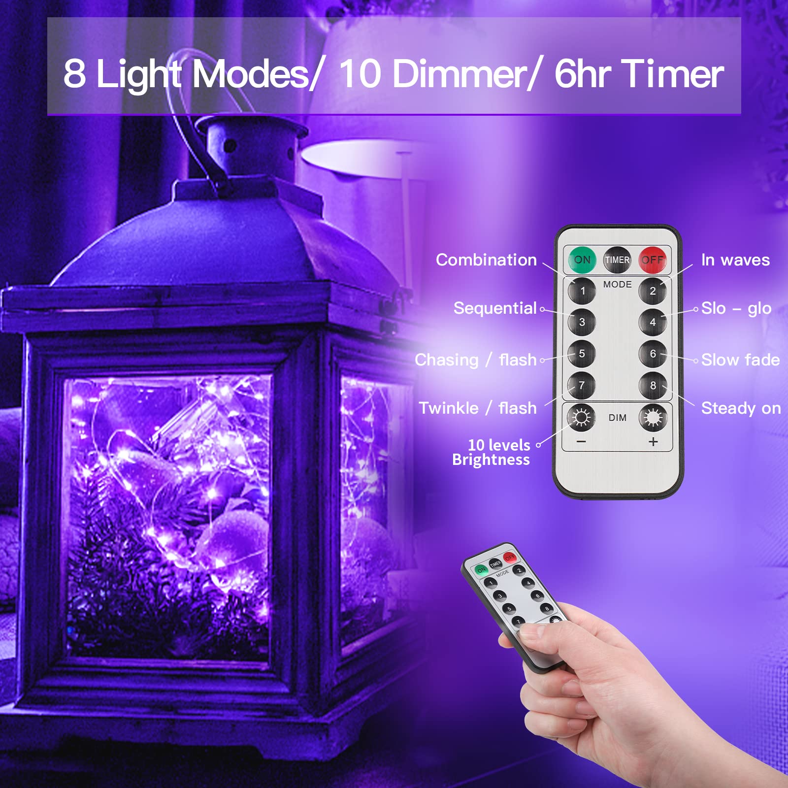 Suddus 66ft 200 LED Purple Christmas Lights Battery Operated - Waterproof Twinkle Fairy String Lights for Indoor Outdoor Decor, Christmas Tree, Garland, Bedroom, Backyard, Porch, Yard, Party, Wedding, Garden, Patio, Holiday Decorations