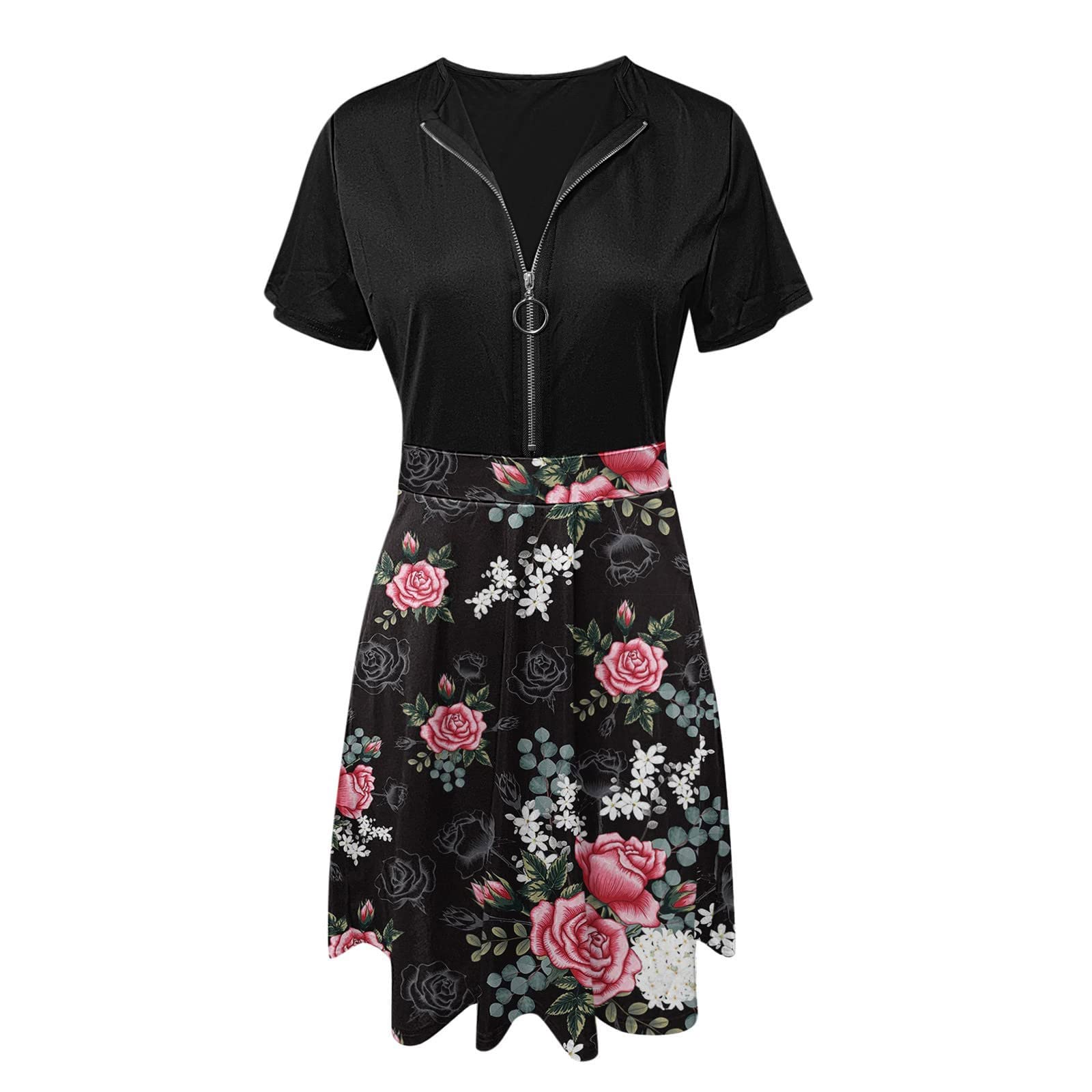Stylish Women's Midi Summer Dresses - Crewneck Short Sleeve Zipper Swing Party Dress | Elegant & Classy for Beach, Wedding & Cocktail Events