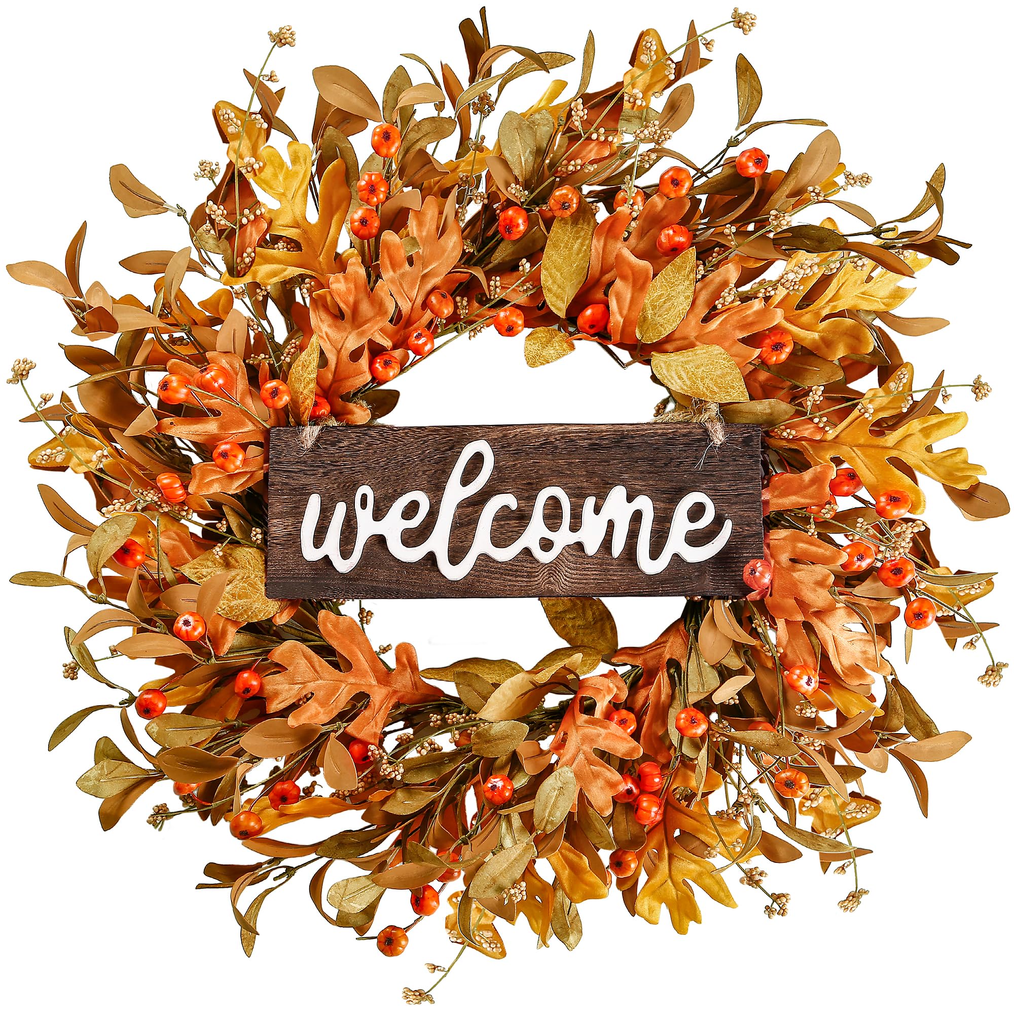 18'' Artificial Fall Wreath with Autumn Leaves, Pumpkins & Berries - Harvest Thanksgiving Decor for Front Door, Wall, Window - Indoor/Outdoor Seasonal Home Decoration (Perfect for Autumn Festivals, Thanksgiving Parties & Cozy Home Decor)