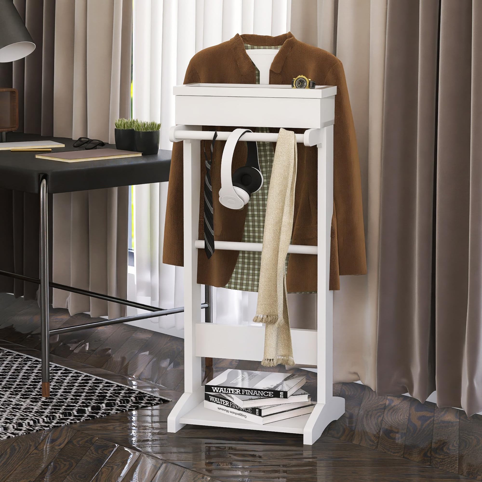Premium Valet Stand for Men - White Wooden Suit Stand with Top Tray & Shoe Rack - Entryway Organizer for Office, Living Room & Bedroom - 17
