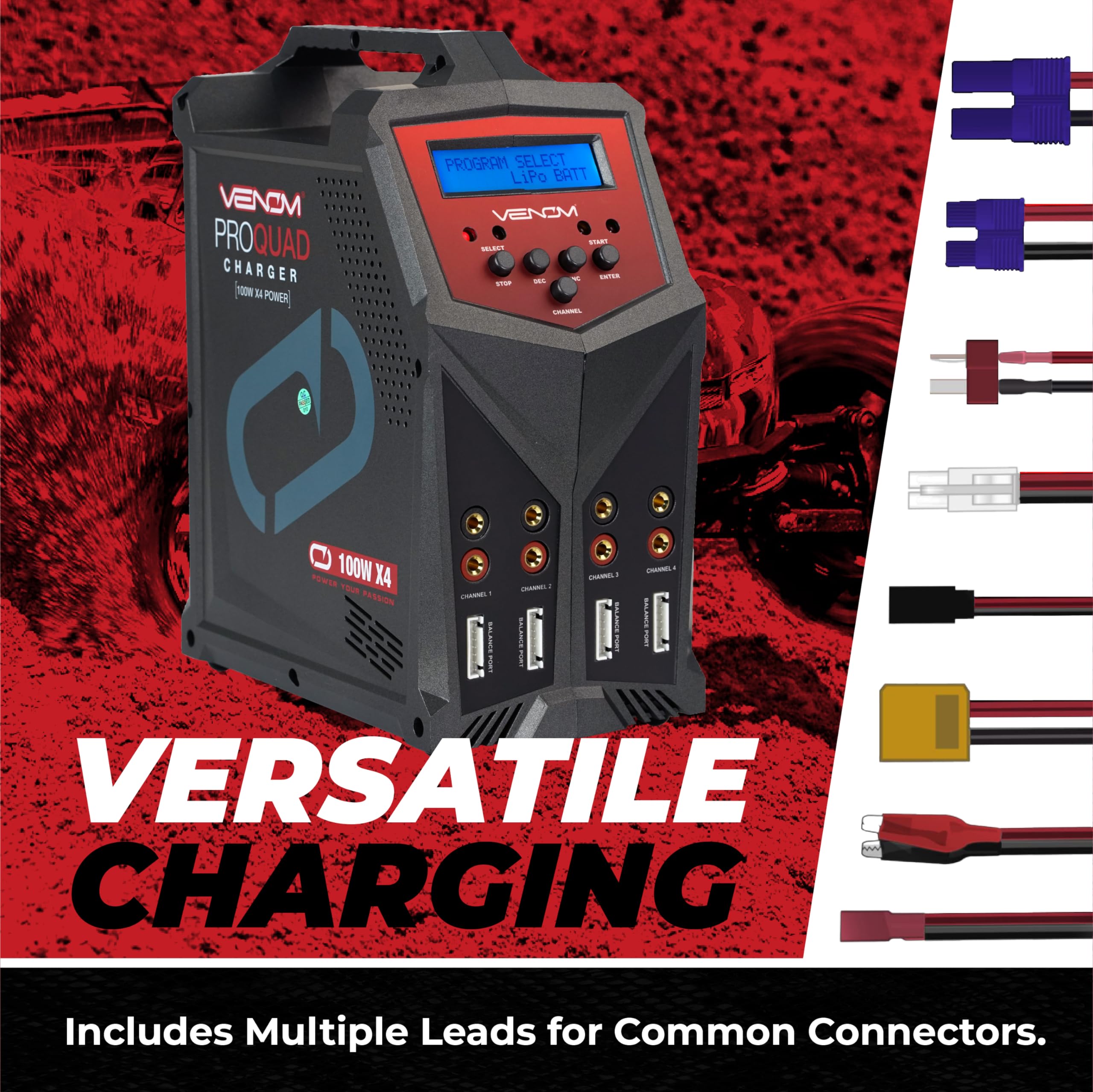 Venom Power Pro Quad 100W LiPo Battery Fast Charger with LCD Screen - 4 Port AC/DC 7A NiMH LiHV LiPo Balance Charger Discharger for 1S-6S Batteries - Perfect for Drones, RC Cars, Airplanes & FPV Racing - Fast Charging & Safe Battery Maintenance
