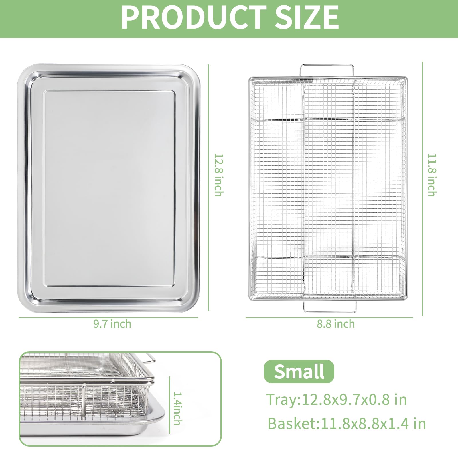 Stainless Steel Air Fryer Basket for Oven - 2-Piece Set with Heavy-Duty Wire Rack & Anti-Scald Handle Clip (12.8