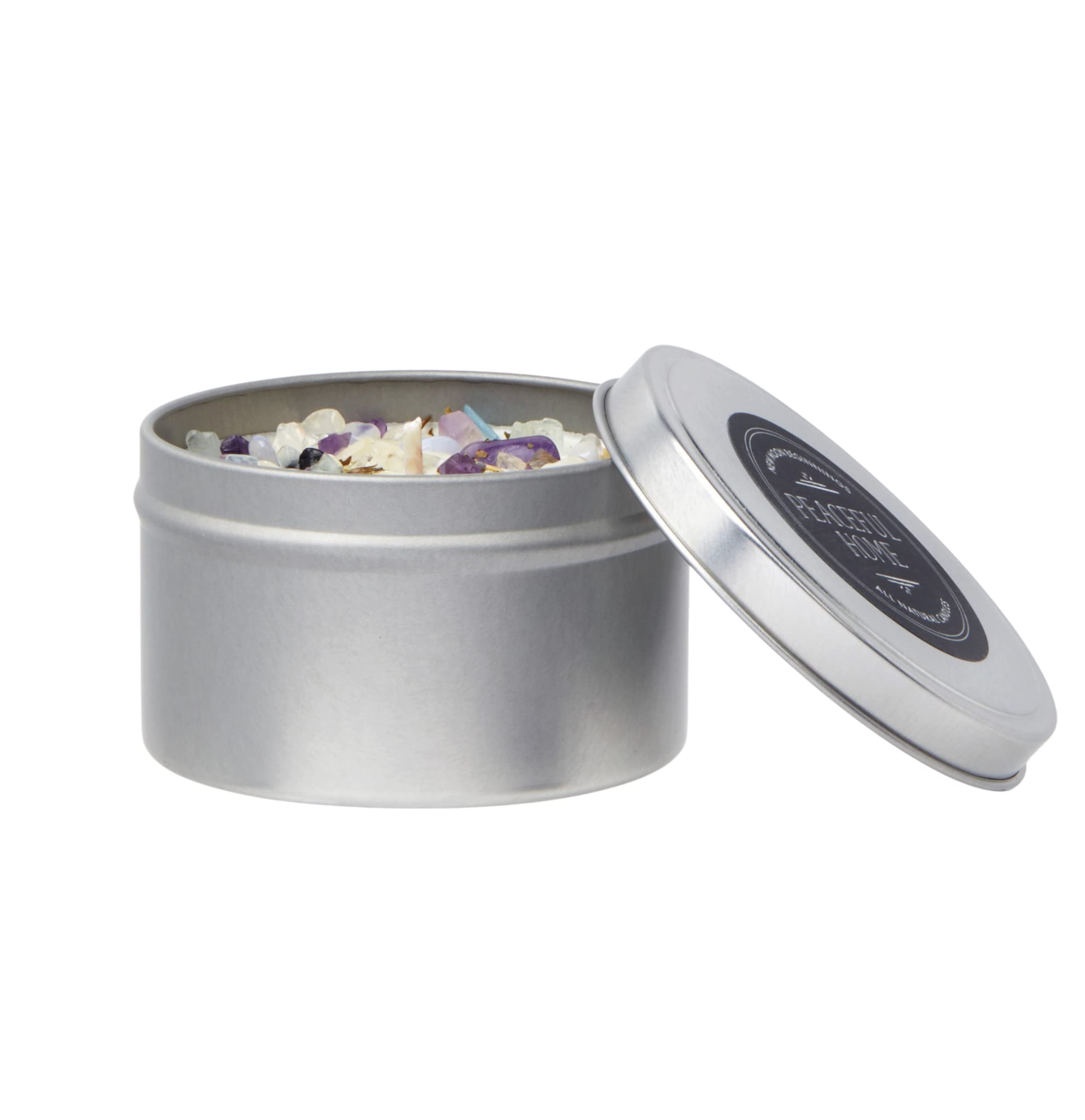 New Moon Beginnings Peaceful Home® Soy Candle - Stress Relief & Energy Clearing with Natural Essential Oils & Crystals - 8oz Tin Candle for Relaxation, Meditation & Home Decor