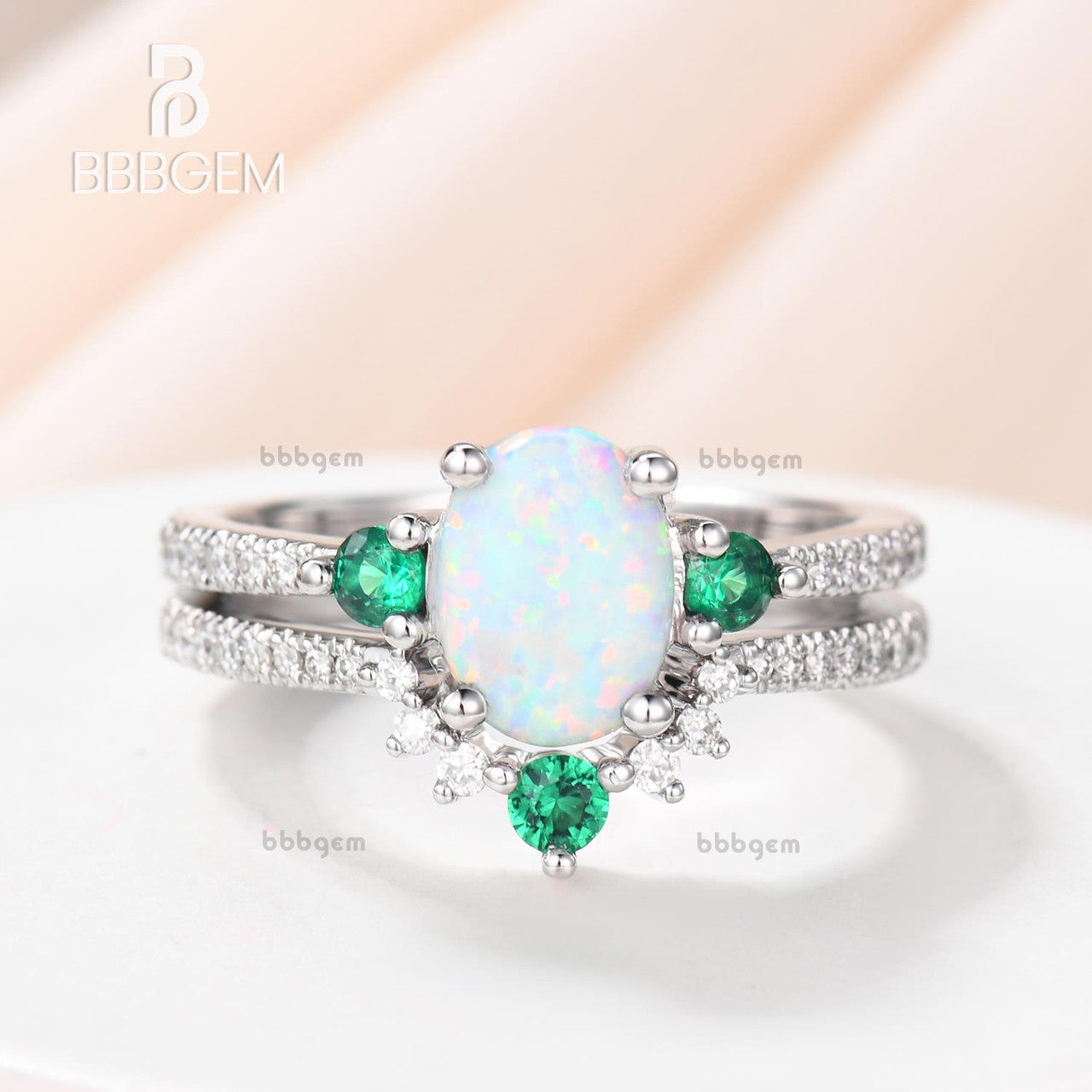 Antique Diamond & Emerald Engagement Ring Set with Lab Opal Bridal Wedding Band - Vintage Style for Bridal Jewelry, Wedding Proposal & Anniversary Gifts