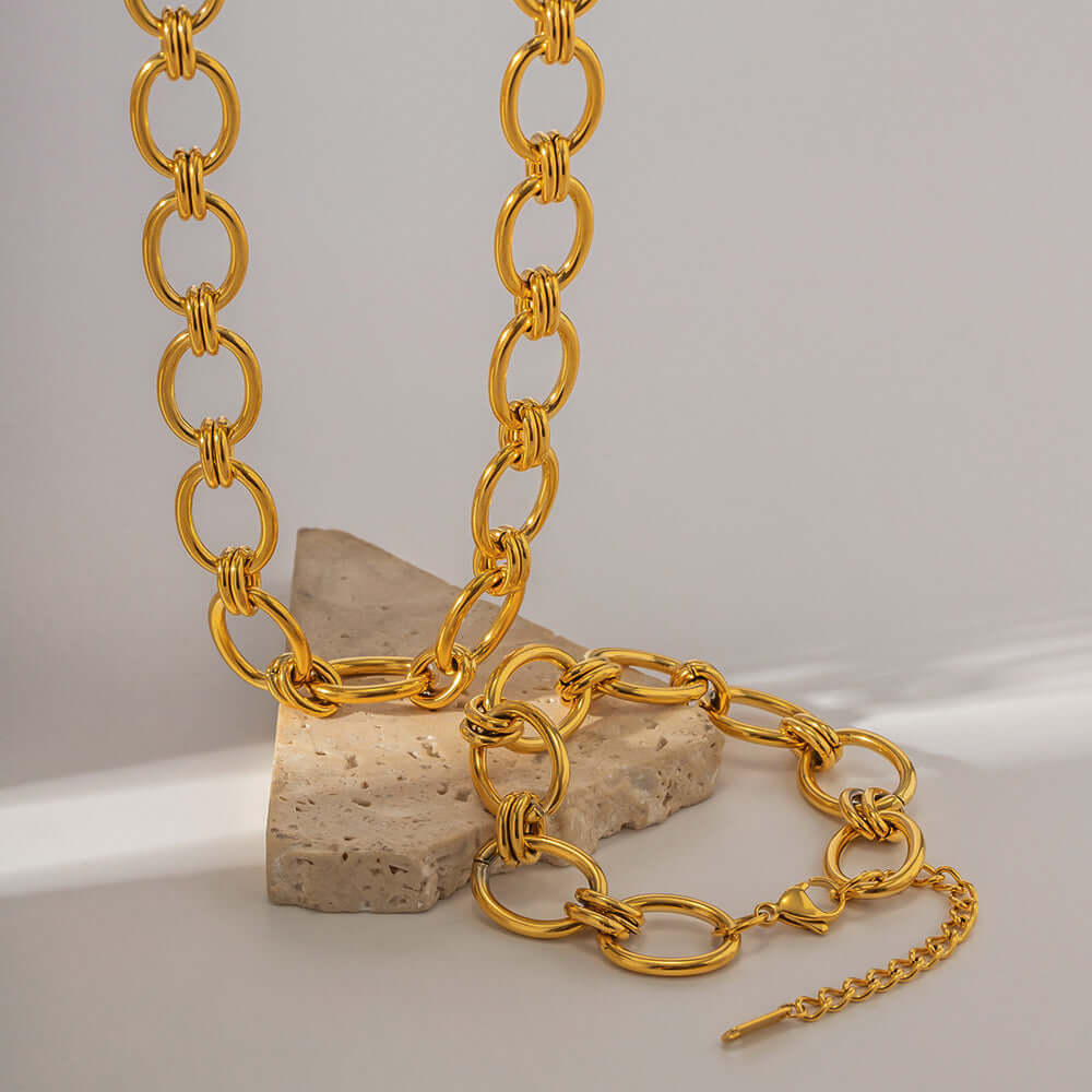 18K Gold Plated Stainless Steel Chunky Chain Bracelet and Necklace Set - Trendy Layered Jewelry for Women | Perfect for Everyday Wear, Parties & Gifts | JDB434