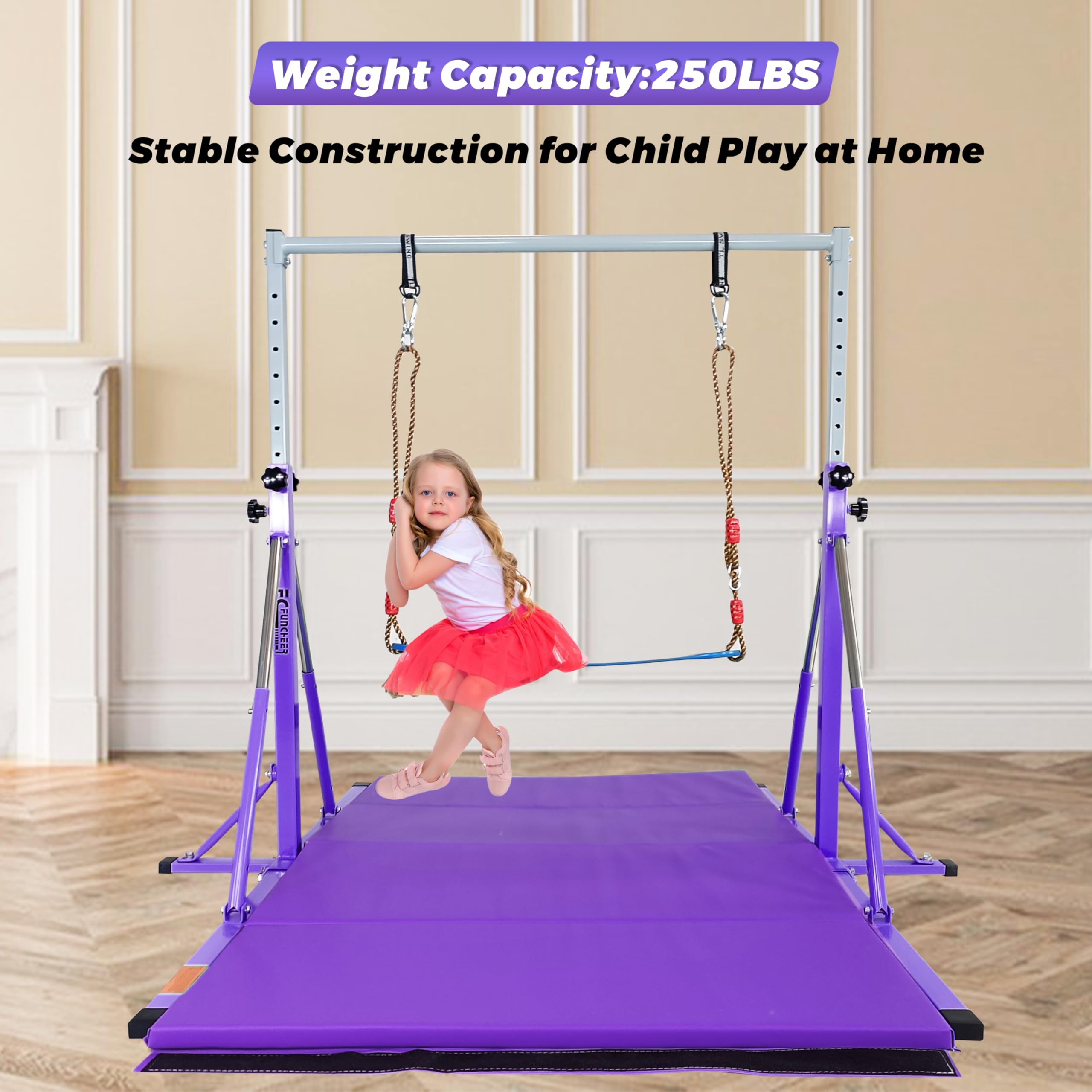 Foldable Gymnastics Bar for Kids Ages 3-15 | 5FT Adjustable Horizontal Training Bar with Triangle Stable Structure | Home Gym Equipment for Indoor Gymnastics Practice, Strength Training & Playtime