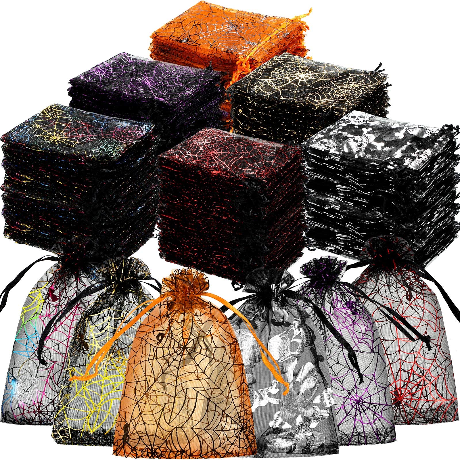 Chumia 270 Pcs Halloween Organza Bags with Drawstring - Spider Web Skull Print for Party Favors & Candy Gifts
