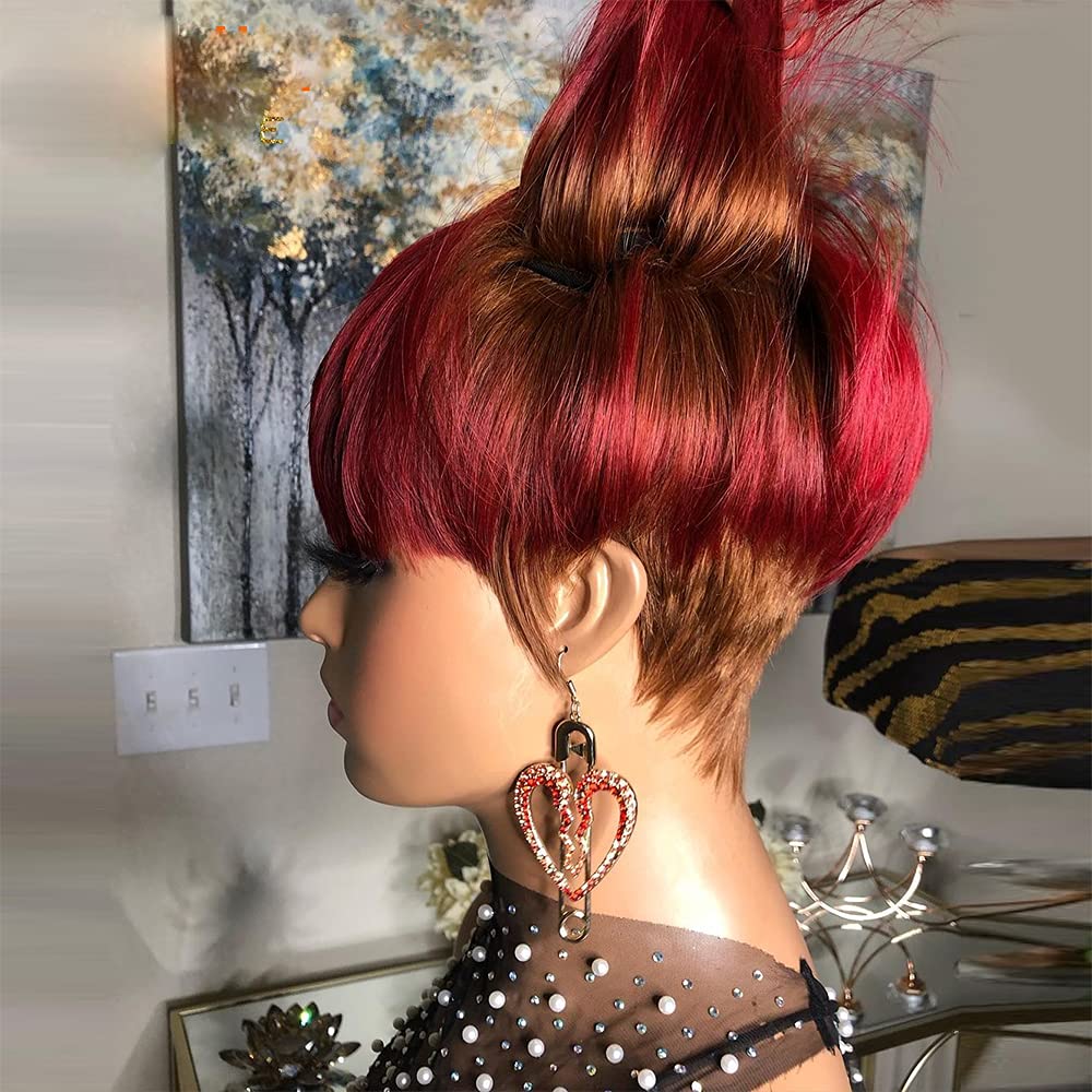 Pixie Cut Short Bob Wig with Bangs - Brazilian Remy Human Hair Ombre Glueless Machine Made Wig for Women - 8 Inch 130% Density - Perfect for Daily Wear, Cosplay & Special Occasions