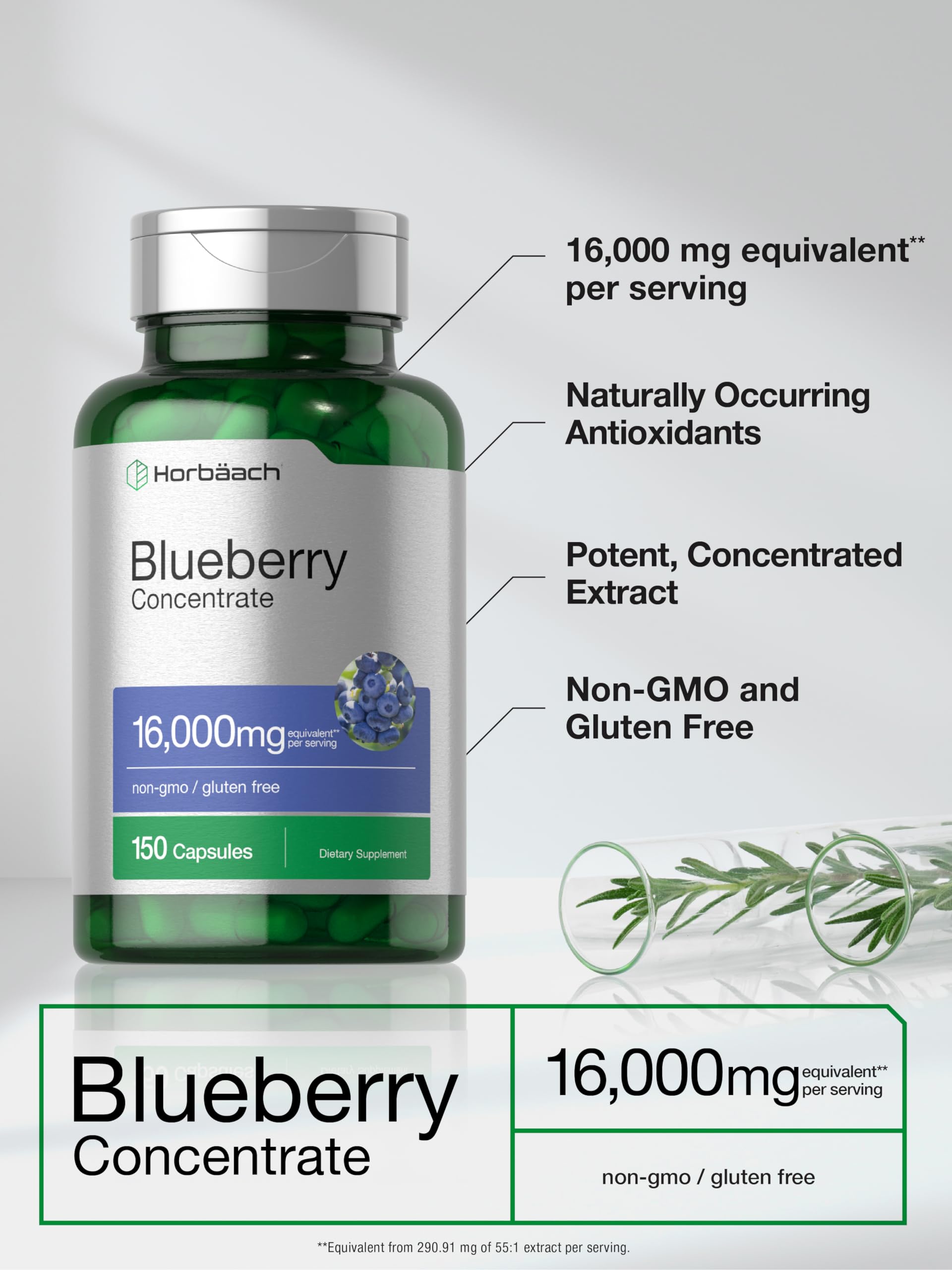 Horbäach Blueberry Extract Supplement 150 Capsules | High Potency Blueberry Concentrate | Non-GMO, Gluten Free, Vegan | Supports Eye Health & Antioxidant Benefits | Perfect for Daily Wellness Routine