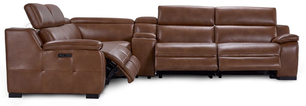 Corsica 6-Piece Dual Power Reclining Sectional Sofa Set with USB Chargers - Brown Leather Living Room Furniture for Home Theater & Family Gatherings