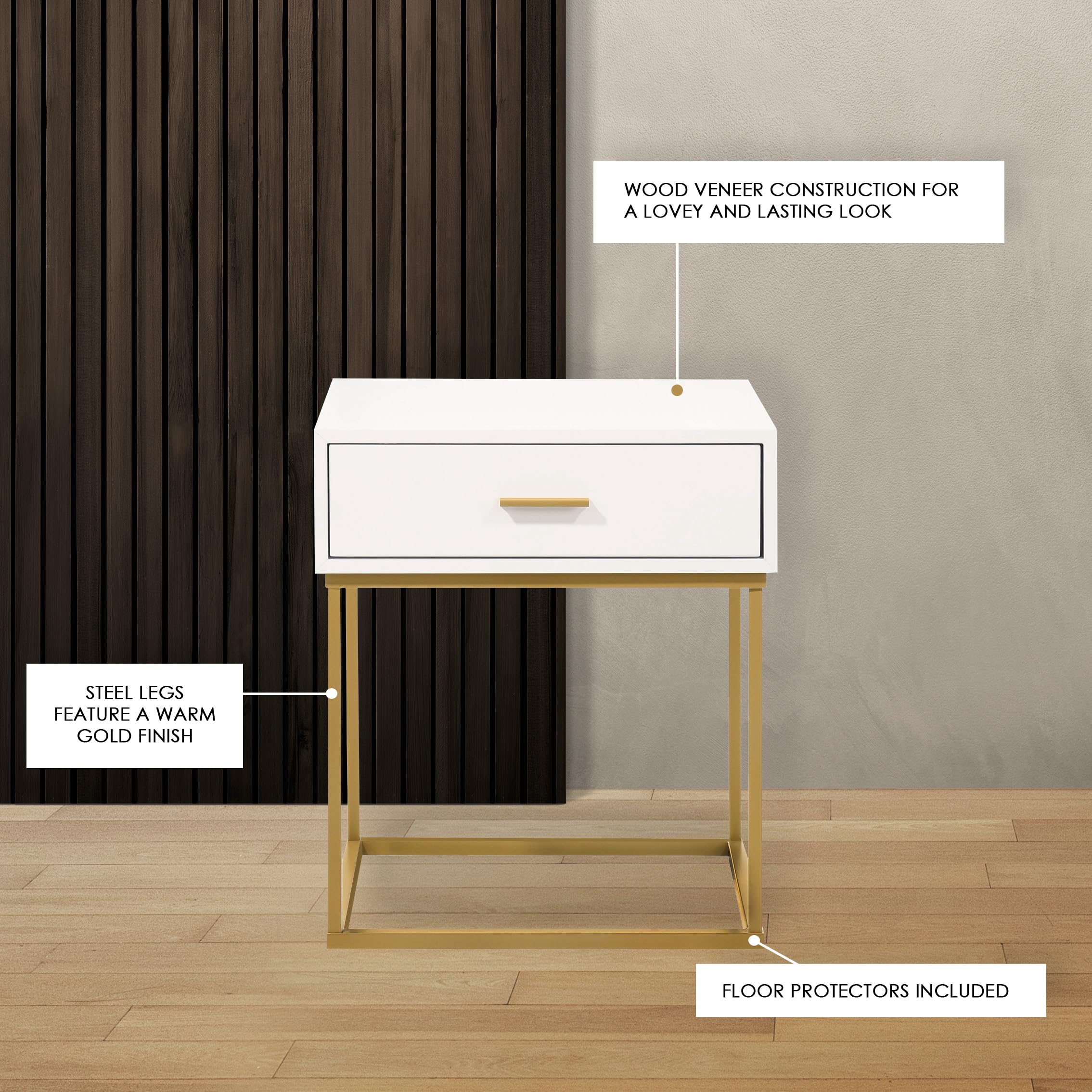 Modern White Nightstand with Gold Legs - Single Drawer Bedside Table for Bedroom, Living Room, or Office - Compact Storage Solution for Books, Lamps, and Essentials