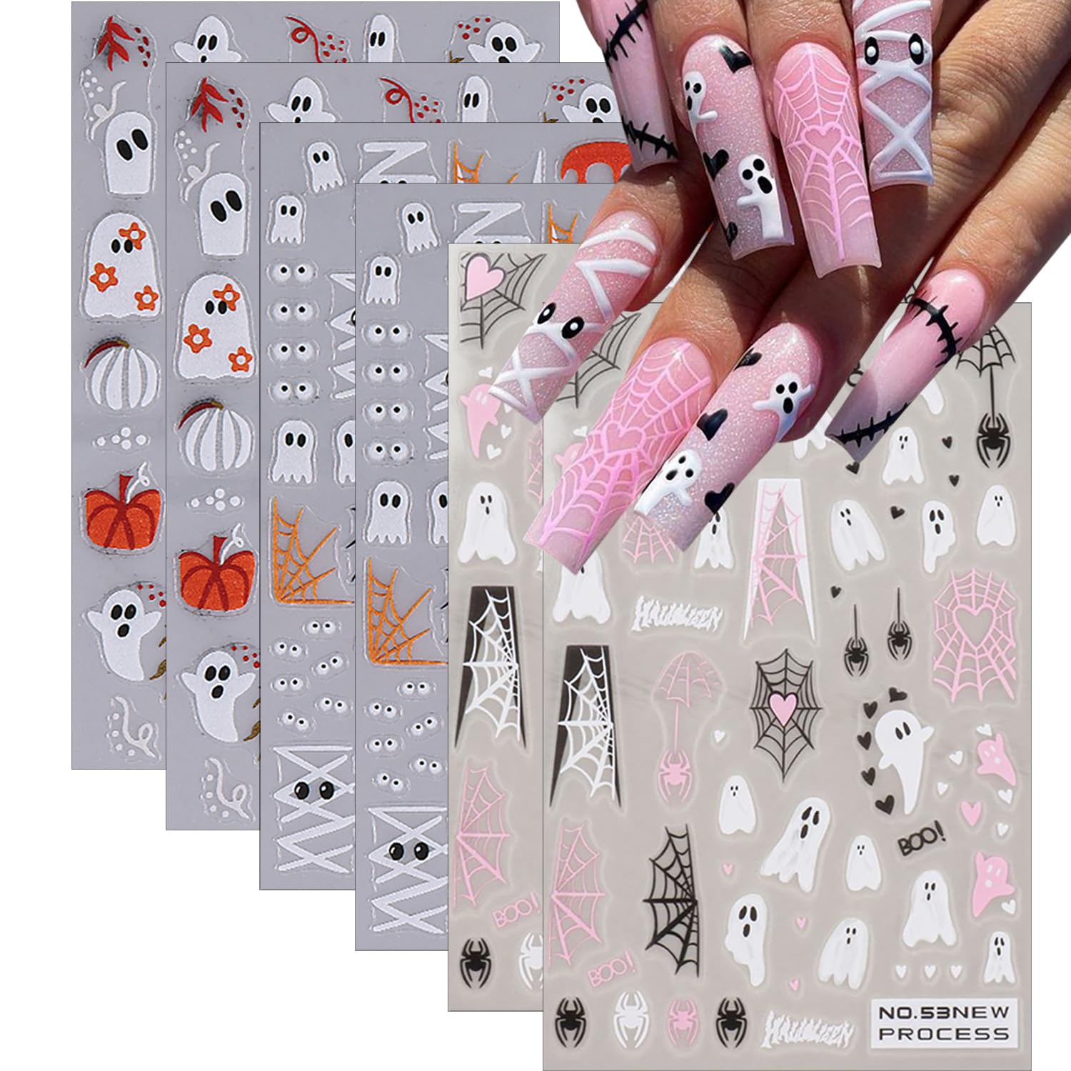 3D Halloween Nail Stickers for Women - Cute Ghost, Pumpkin & Spider Web Designs - Self-Adhesive Nail Art Decals for DIY Halloween Party Nails (6Pcs) - Perfect for Costume Parties, Trick-or-Treating & Spooky Nail Art