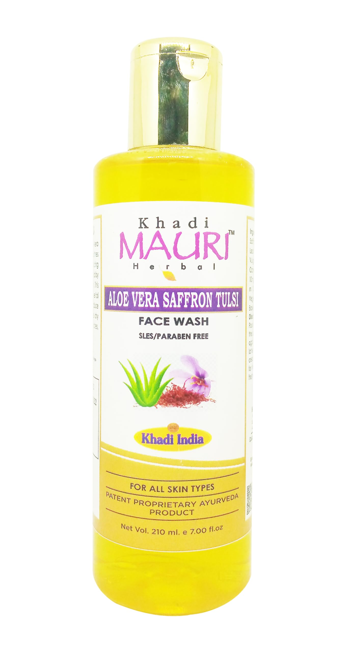 Khadi Mauri Aloe Vera Saffron Tulsi Face Wash for Glowing Skin - 210ml Natural Herbal Cleanser for Acne & Dark Spots - Pack of 1 | Daily Skincare Routine for Men & Women