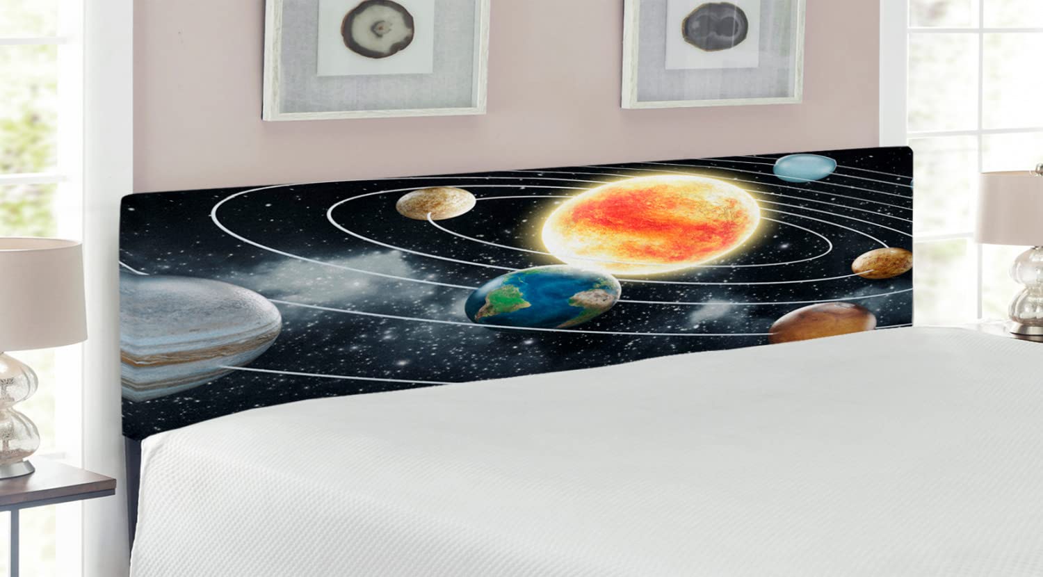 Ambesonne King Size Outer Space Headboard - Solar System Planets Design with Sun, Earth, Mars & Uranus - Upholstered Metal Bed Frame with Memory Foam in Black & Orange | Perfect for Astronomy Lovers' Bedroom Decor & Sci-Fi Themed Rooms
