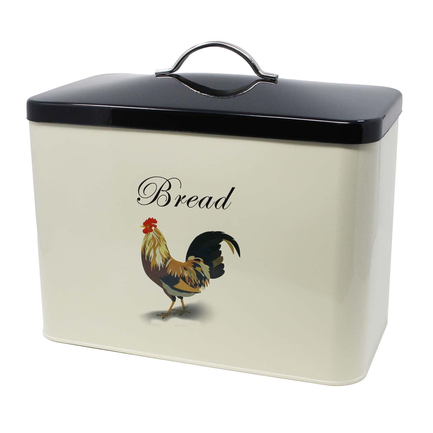 Vintage Extra Large Metal Bread Box - Farmhouse Style Bread Bin with Cockerel Design in Cream & Black - Perfect for Kitchen Countertop Storage & Home Decor