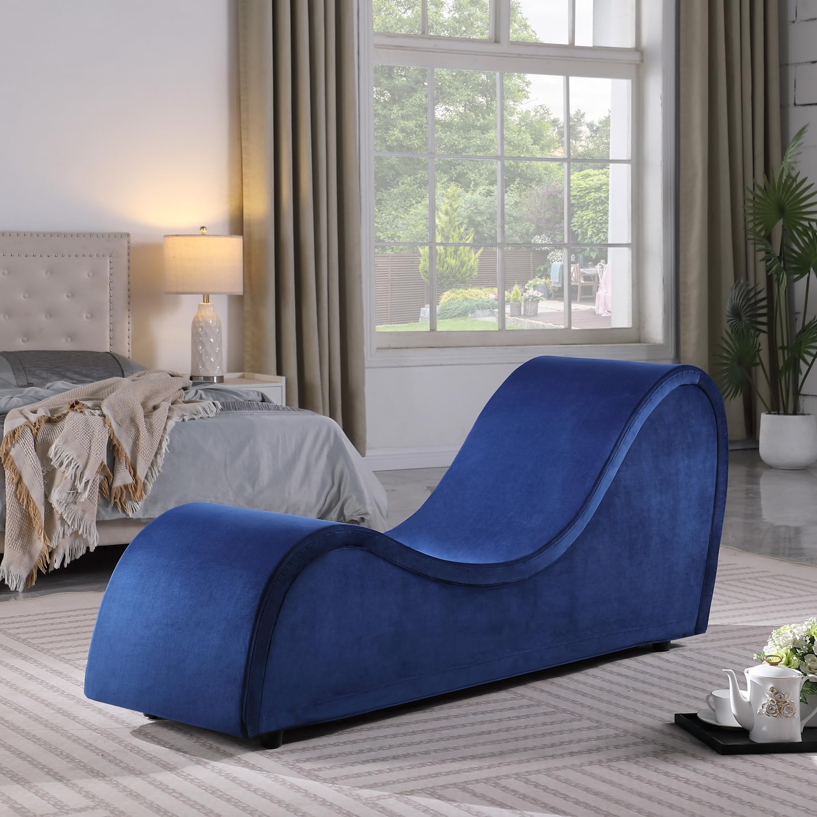 Ergonomic Yoga Chaise Lounge Chair for Adults - Padded Stretching Bench with Removable Washable Cover & Non-Slip Bottom - Perfect for Home Yoga, Meditation, Living Room Relaxation & Bedroom Exercises (Blue)