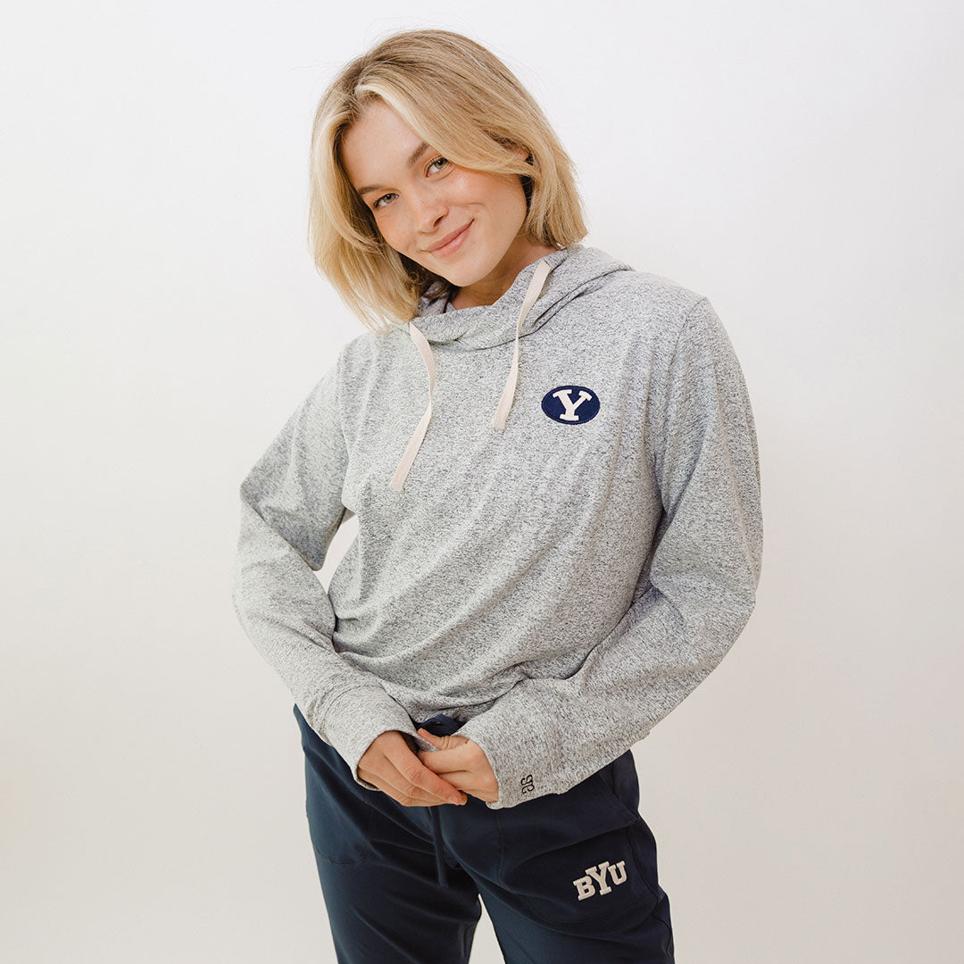BYU Travel Hoodie for Men & Women - Soft Heather Grey Pullover Sweatshirt - Perfect for College, Campus, and Outdoor Adventures