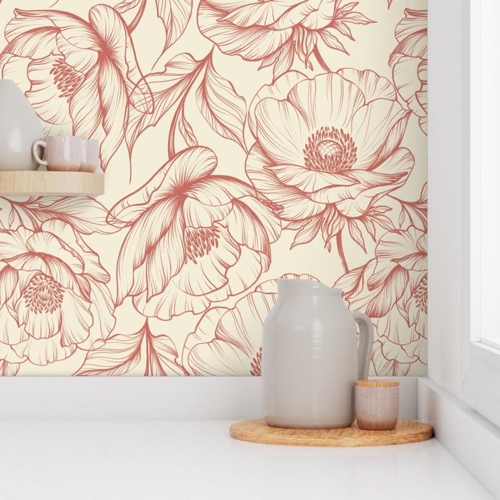 Removable Wallpaper Swatch - Large Floral Design Romantic Beige Feminine Pre-Pasted Peel & Stick Wallpaper by Spoonflower | Perfect for Bedroom, Nursery, Living Room Decor