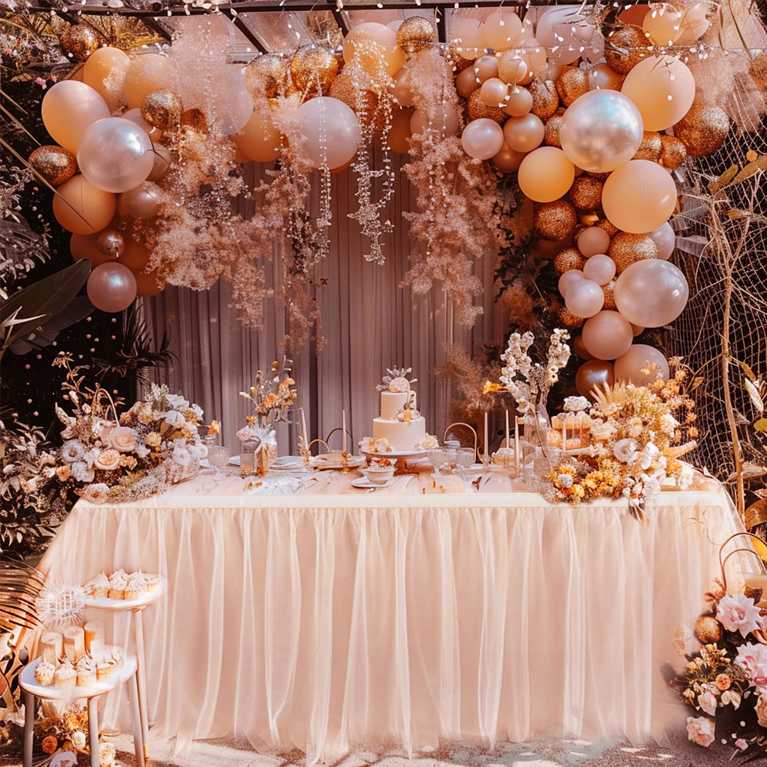 8FT Rose Gold Tulle Table Skirt for Rectangle Tables - Elegant Wedding, Bridal Shower & Birthday Party Decorations - Perfect for Banquet Halls, Reception Tables and Special Event Decor