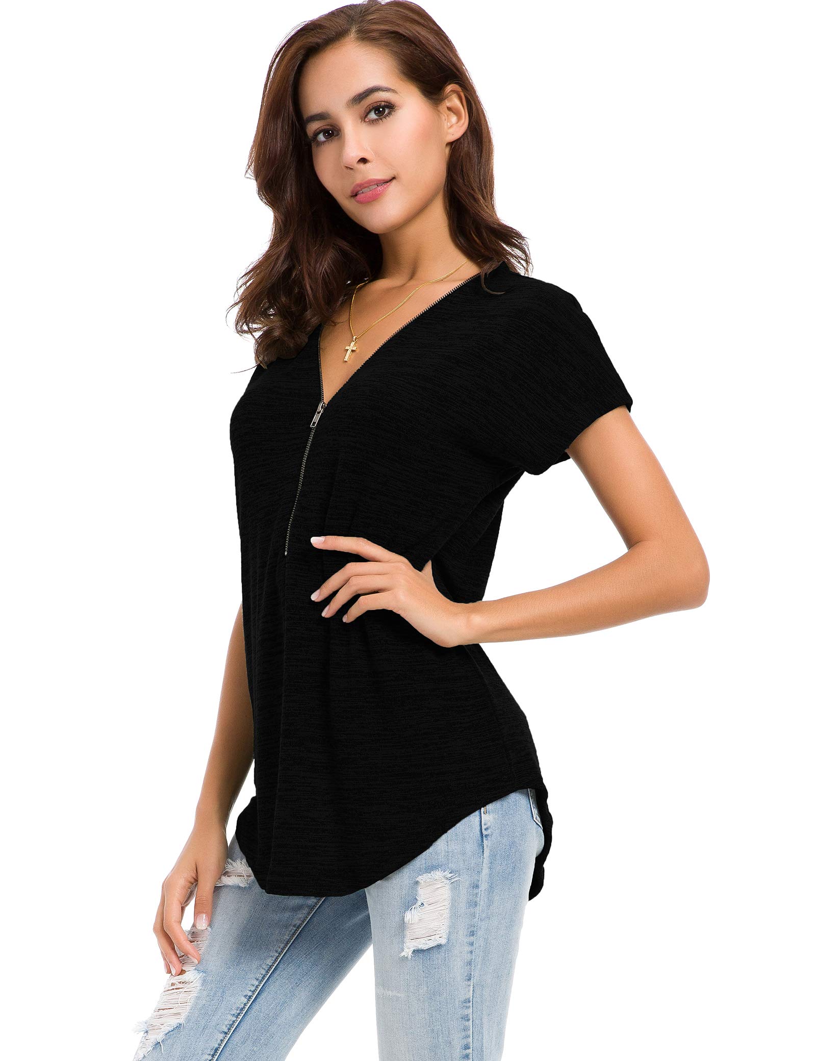 LUSMAY Women's Casual V-Neck Short Sleeve Tunic Top with Zipper Detail - Loose Fit Blouse for Summer, Work, Travel & Everyday Wear