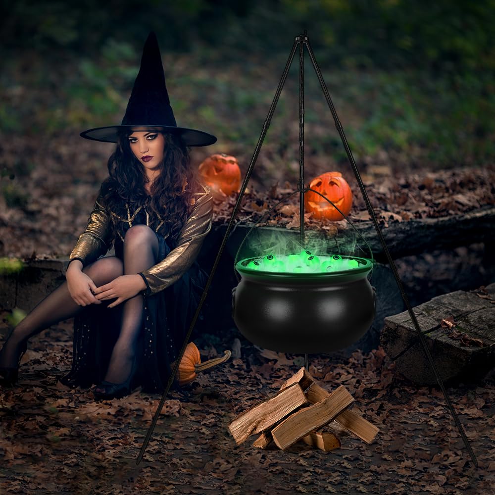Black Plastic Witches Cauldron with LED String Lights - Large Halloween Party Bowl for Home, Porch & Yard Decorations | Perfect for Spooky Decor, Trick-or-Treat Candy Bowl & Halloween Party Centerpiece