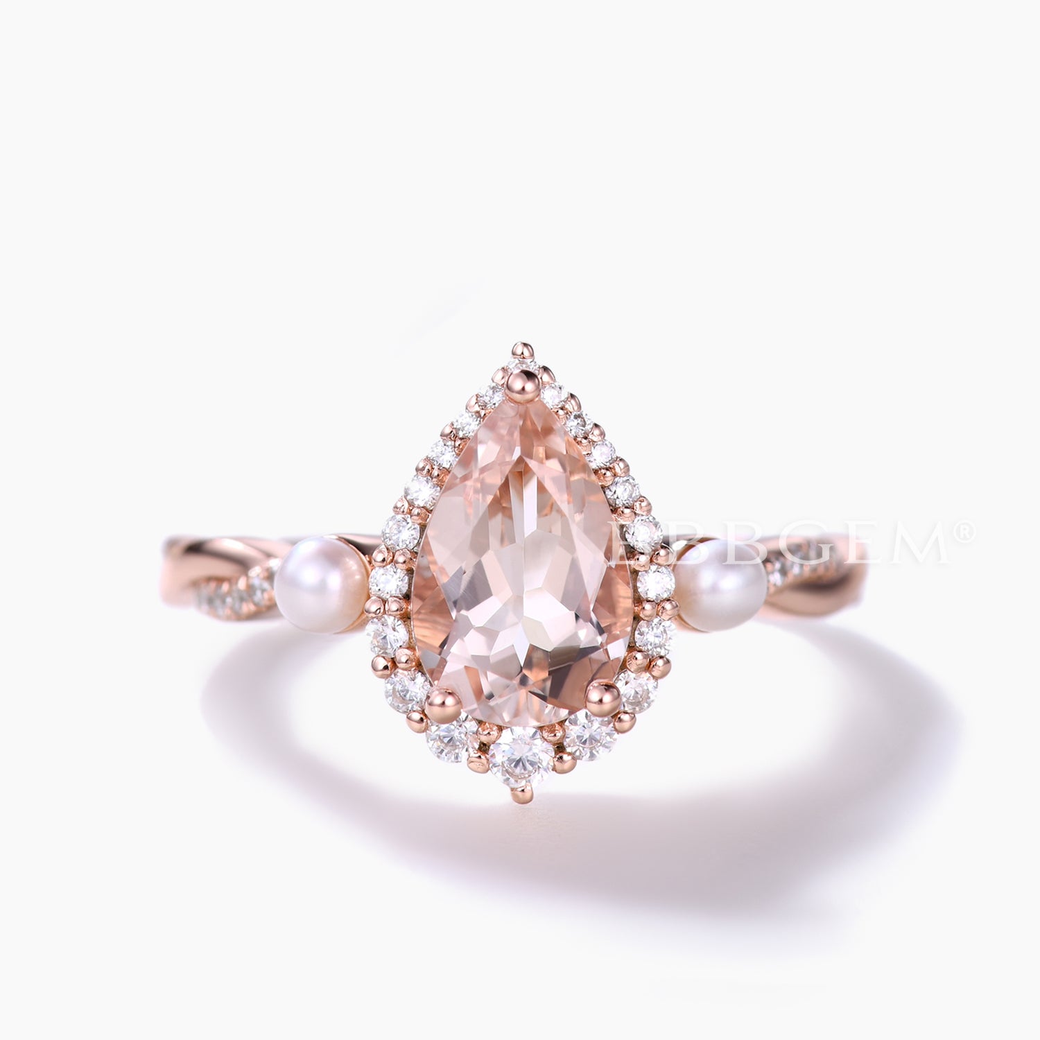 Vintage Pear Natural Morganite Engagement Ring - Halo Diamond & Pearl Wedding Band for Women, Perfect for Proposals, Anniversaries, and Special Occasions
