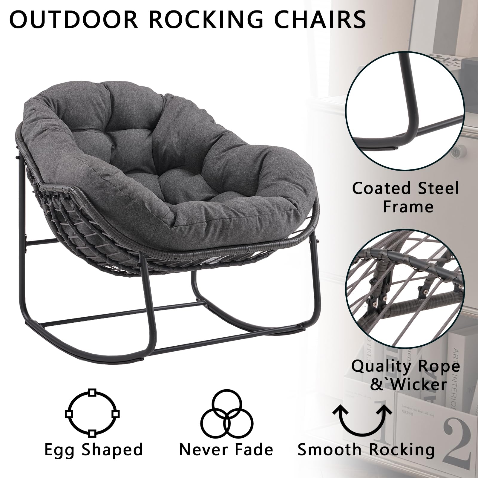 Papasan Rocking Chair with Thick Cushion - Indoor/Outdoor Comfy Patio Chair with Upgraded Steel Frame & Oversized Wicker Design - Perfect for Front Porch, Garden, Bedroom, Living Room (Grey) - Ideal for Relaxing, Reading & Sunbathing